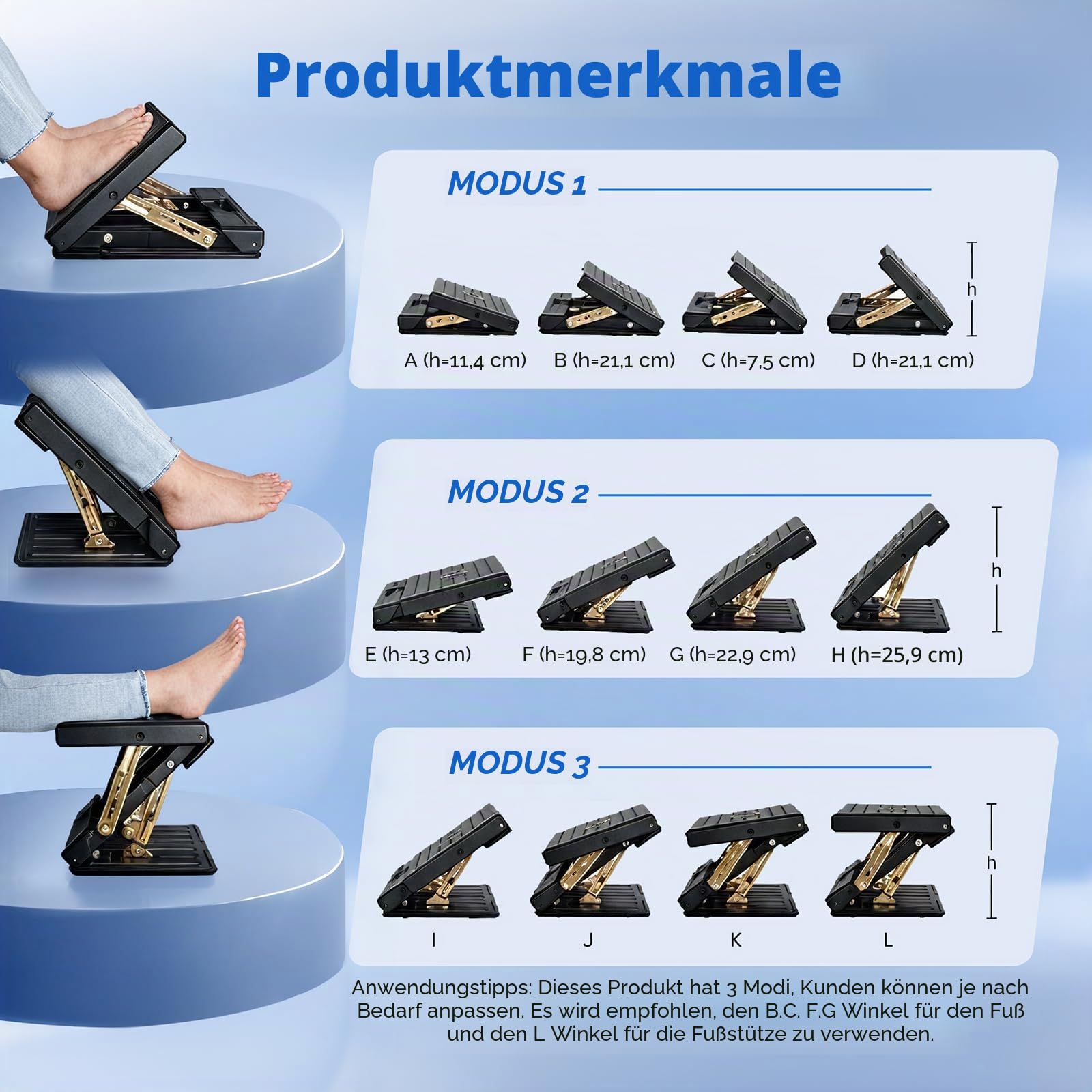 Fußstütze für Büro, Fussstütze Unterm Schreibtisch mit 4 Einstellbaren Höhen und 4 Einstellbaren Neigungswinkeln, Lindern Bein Knie und Rückenschmerzen, für Büro und Bürozubehör zu Hause