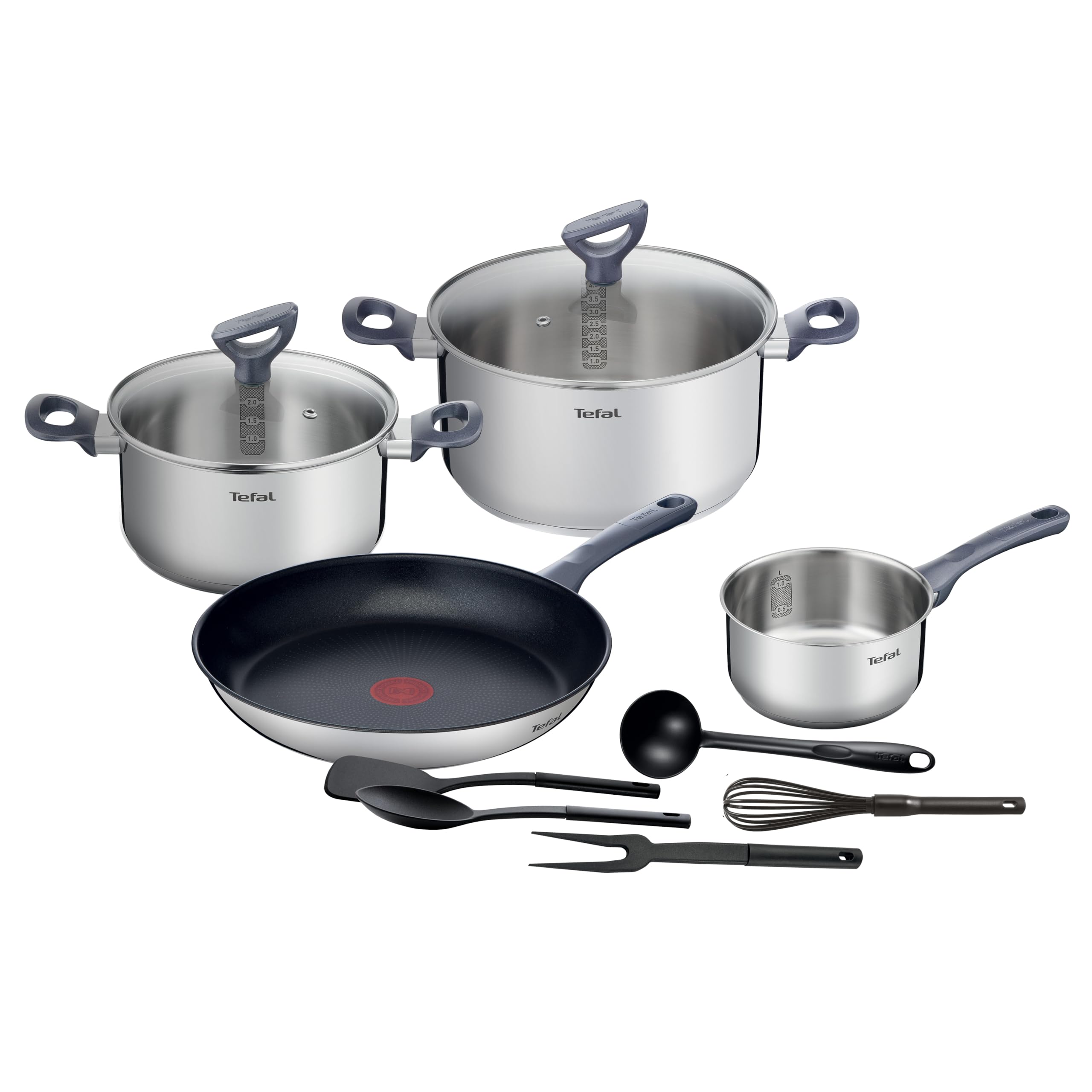 Tefal Batterie de cuisine 11 pcs, Casserole 16 cm + Faitouts 20/24 cm + Couvercles verre + Poêle 28 cm, Induction, Antiadhésif + Inox, Graduations intérieures, 5 ustensiles inclus, Daily Cook G713SB45