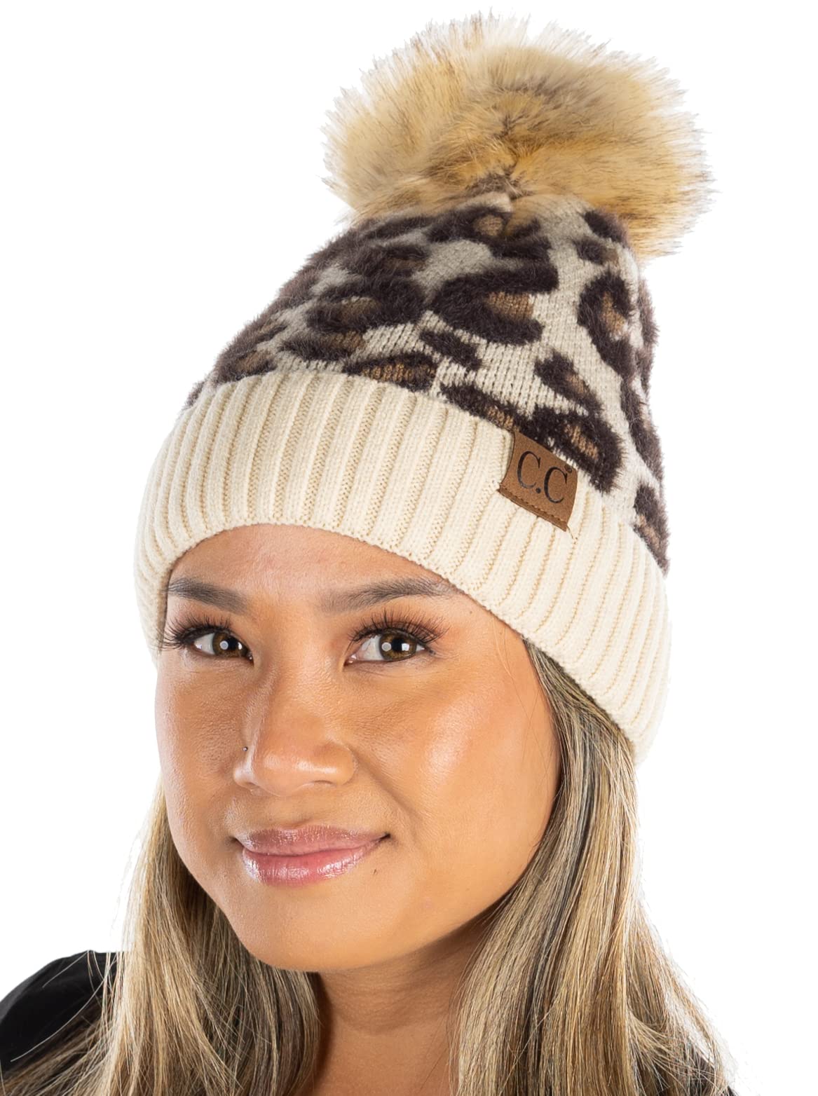 Funky Junque Women's Warm Knit Animal Print Pom Hat
