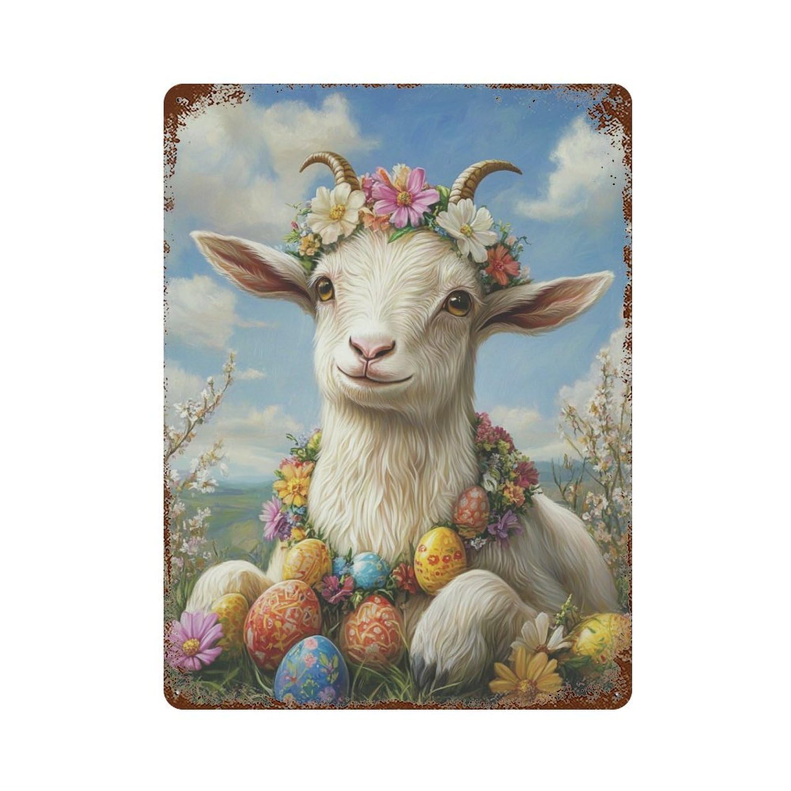 Vintage Rust Metal Sign Easter Floral Goat Decor 15.7"x11.8", Old School Wall Decor for Office, Studio And Wall Decor