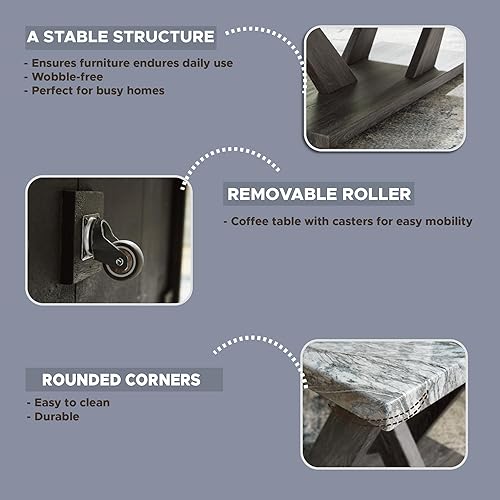 Miniatura 6 de Signature Design by Ashley Bensonale - Juego de mesa ocasional contemporánea con tapa de mármol sintético y ruedas, juego de 3, gris y marrón oscuro