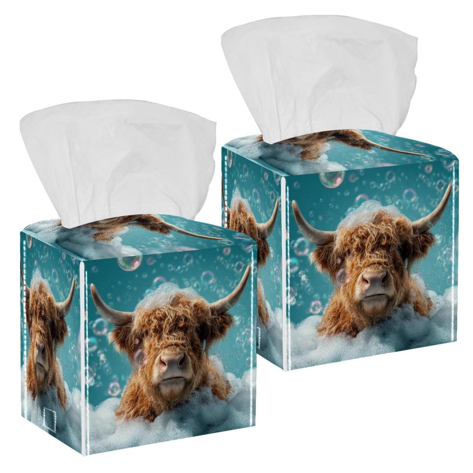 Highland Cow Tissue Box Cover, 2 Pack PU Leather Square Facial Tissue Dispenser Box holder for Home Office Car