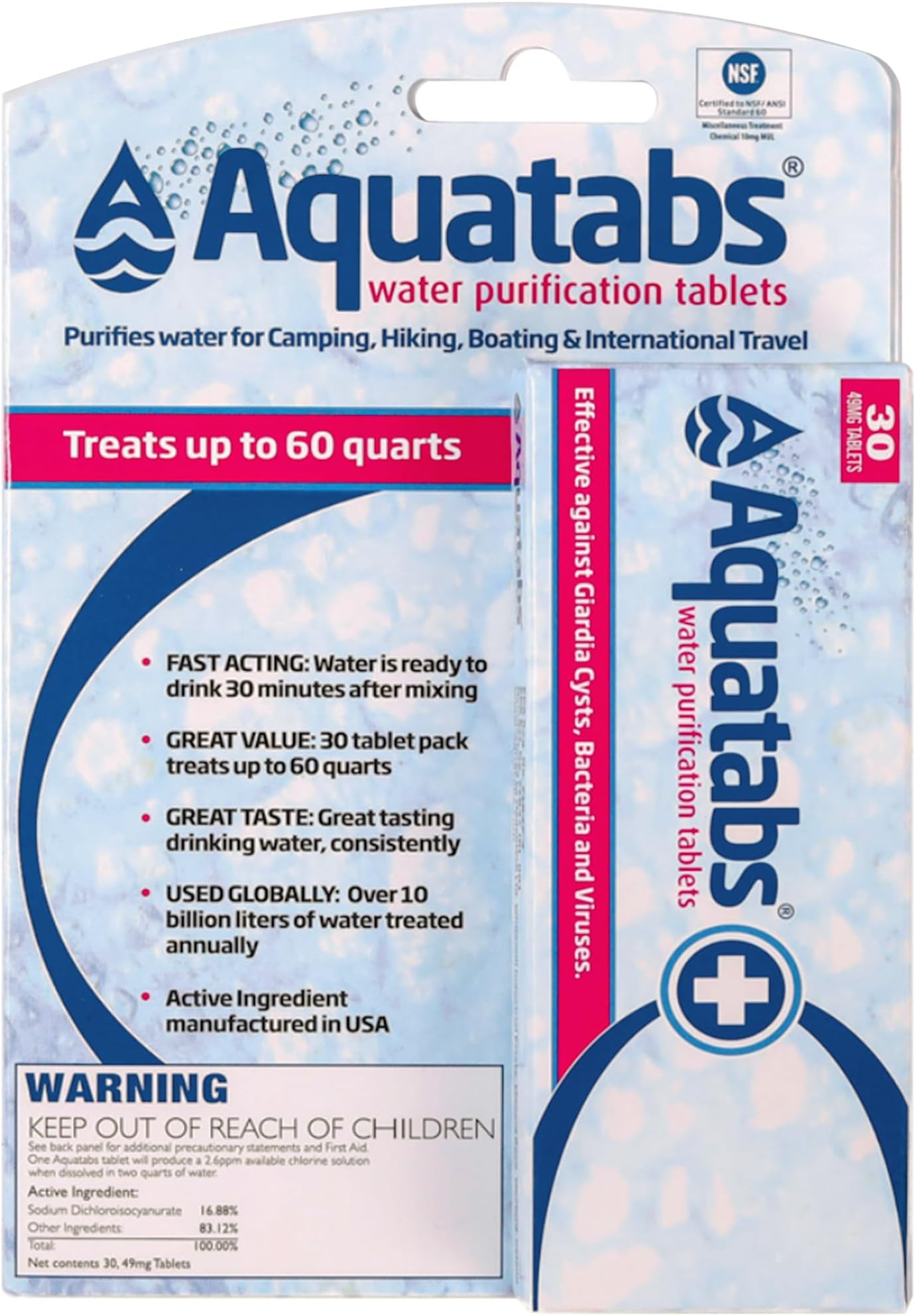 Aquatabs 49mg Water Purification Tablets (30 Pack). Portable Water Purifier for Camping Essentials, Lightweight Camping Gear or Survival Kit, EPA Registered & NSF/ANSI 60 Certified, Fast-Acting