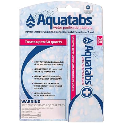 Aquatabs 49mg Water Purification Tablets (30 Pack). Portable Water Purifier for Camping Essentials, Lightweight Camping Gear or Survival Kit, EPA Registered & NSF/ANSI 60 Certified, Fast-Acting