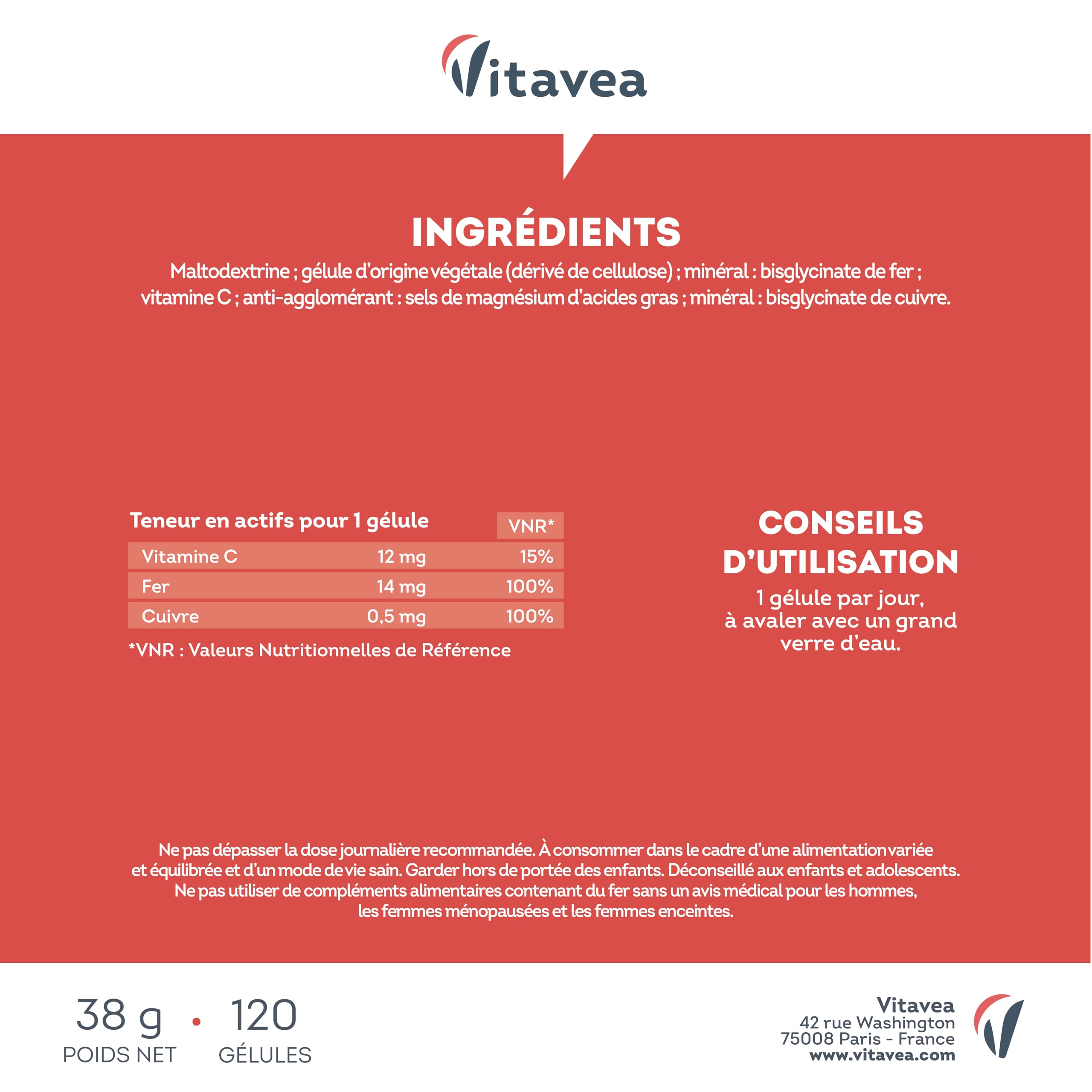 Fer Bisglycinate 14 mg + Vitamine C & Cuivre - Haute absorption, Réduit la Fatigue, Soutien Immunitaire - Avec Cuivre - 120 gélules Vegan - Fabriqué en France - Vitavea