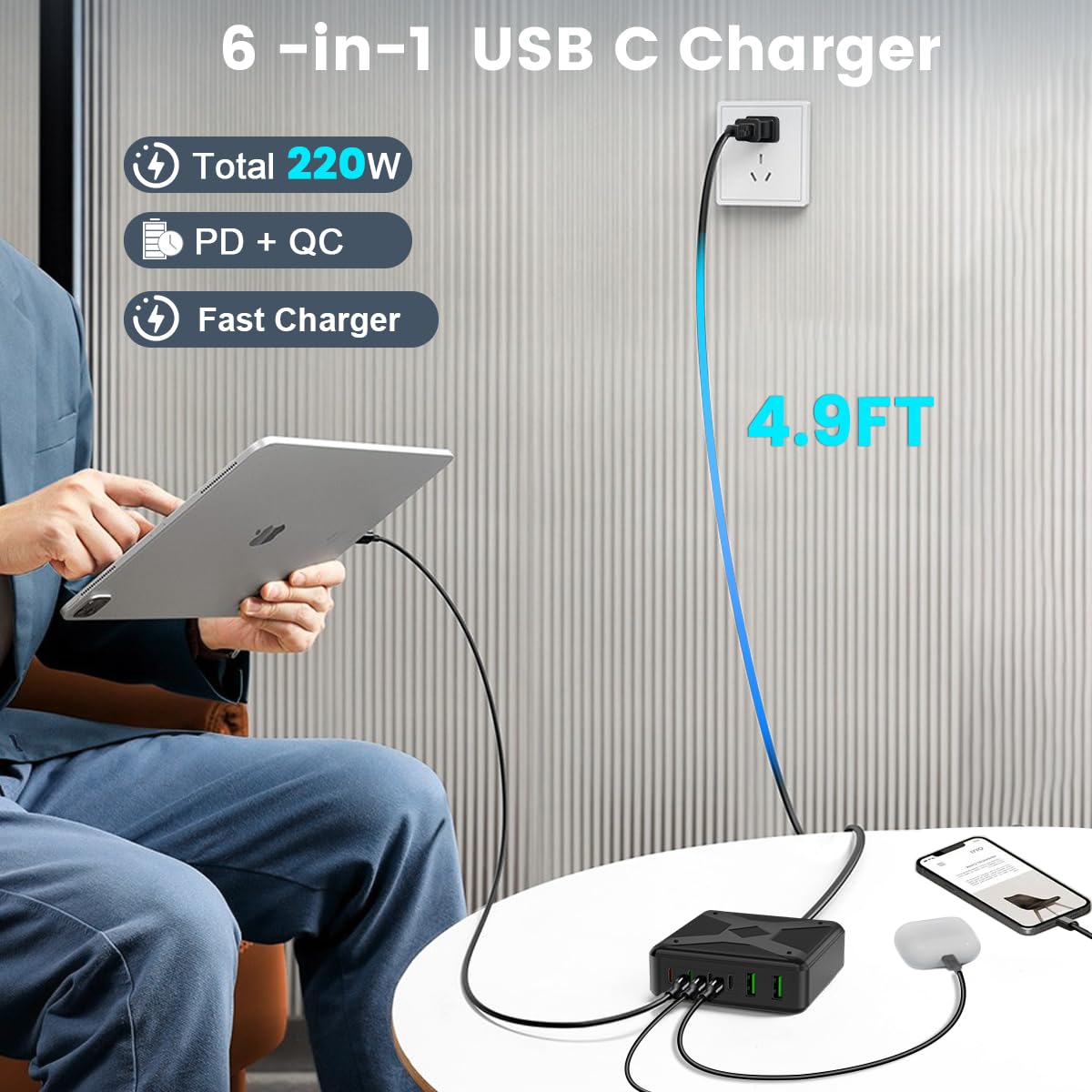USB C Charger, 220W USB C Charger Block 100W 6 Ports USB C Charging Station Fast USB-C Power Adapter for MacBook Pro/Air,iPad Series,iPhone 15 14 13, Galaxy Note