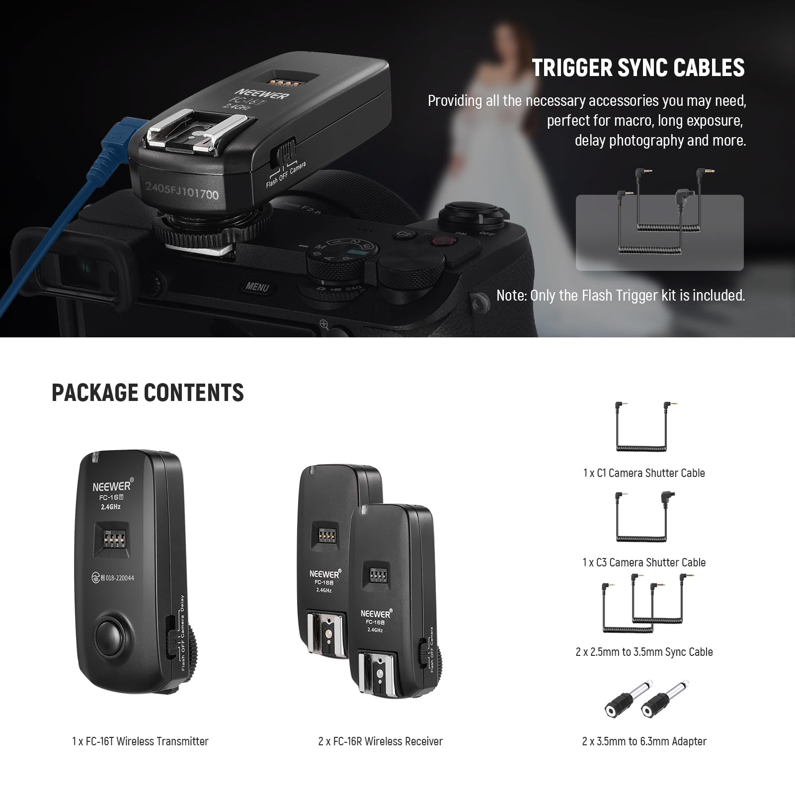 NEEWER FC-16 2,4G Disparador Flash Estudio con Obturador Cámara Inalámbrico con Dos Receptores, Compatible con Canon Rebel T3 XS T4i T3i T2i Xsi EOS 1100D Mark IV 1D Mark III 5D Mark III 5D
