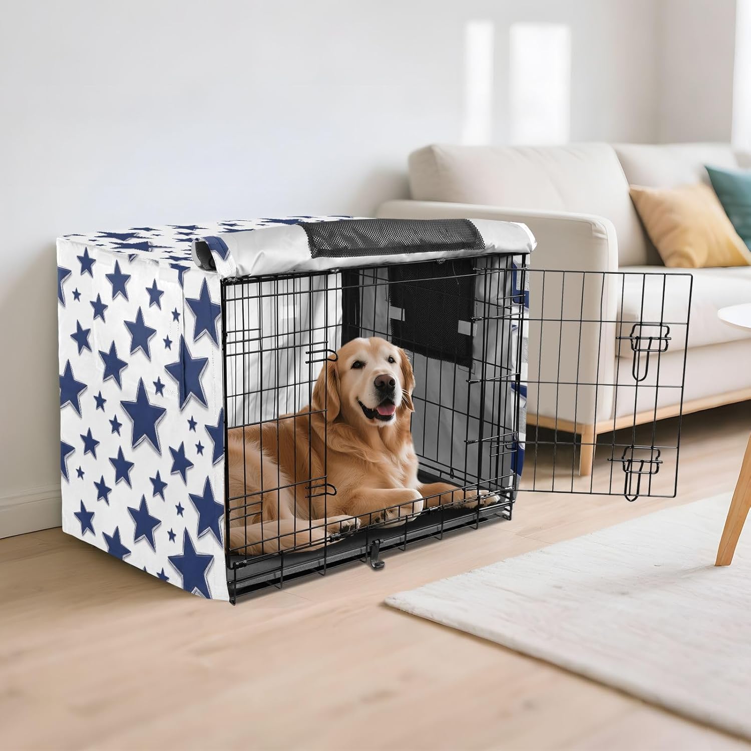 Duty 600D Silver Coated Dog Crate Cover, Water-Resistant Star Print Pet Kennel Canopy with Mesh Windows for Optimal Ventilation, Universal Fit for Standard Wire Cage, Indoor & Travel