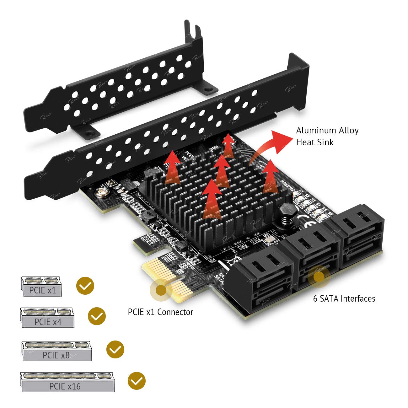 Rivo Karta PCIe SATA, 6 portów z 6 kablami SATA, karta rozszerzeń kontrolera SATA z uchwytem niskoprofilowym, Marvell 9215 Non-Raid, Boot jako dysk systemowy, obsługa 6 urządzeń SATA 3.0 (SA3014)