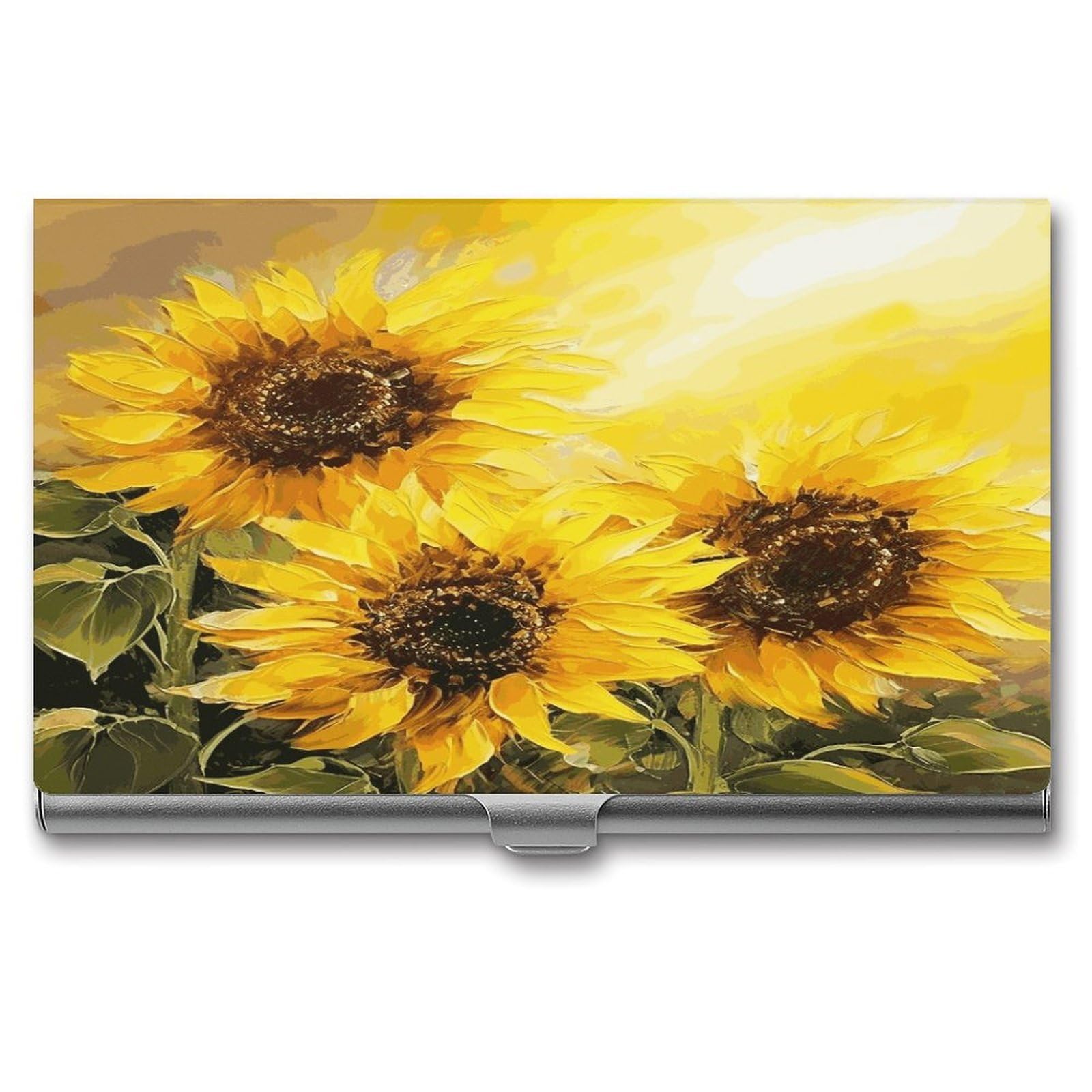 FekiLoot Yellow Sunflowers Business Card Holder for Men Women Metal Slim Organizer Business Card Carrier Wallet Name Cards Holder Retro Slim Pocket Purse Small Portable Card Case