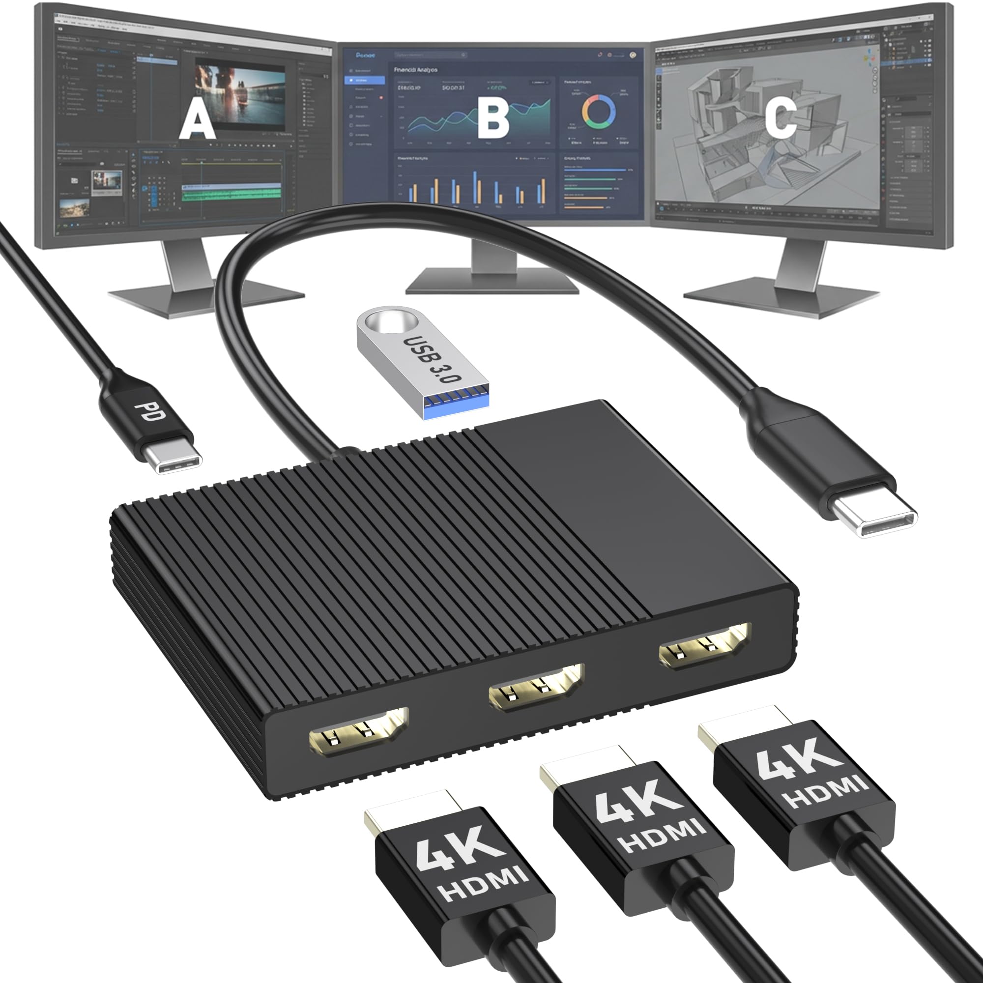 出張先でも快適作業!USB C トリプルHDMI変換アダプターの実力