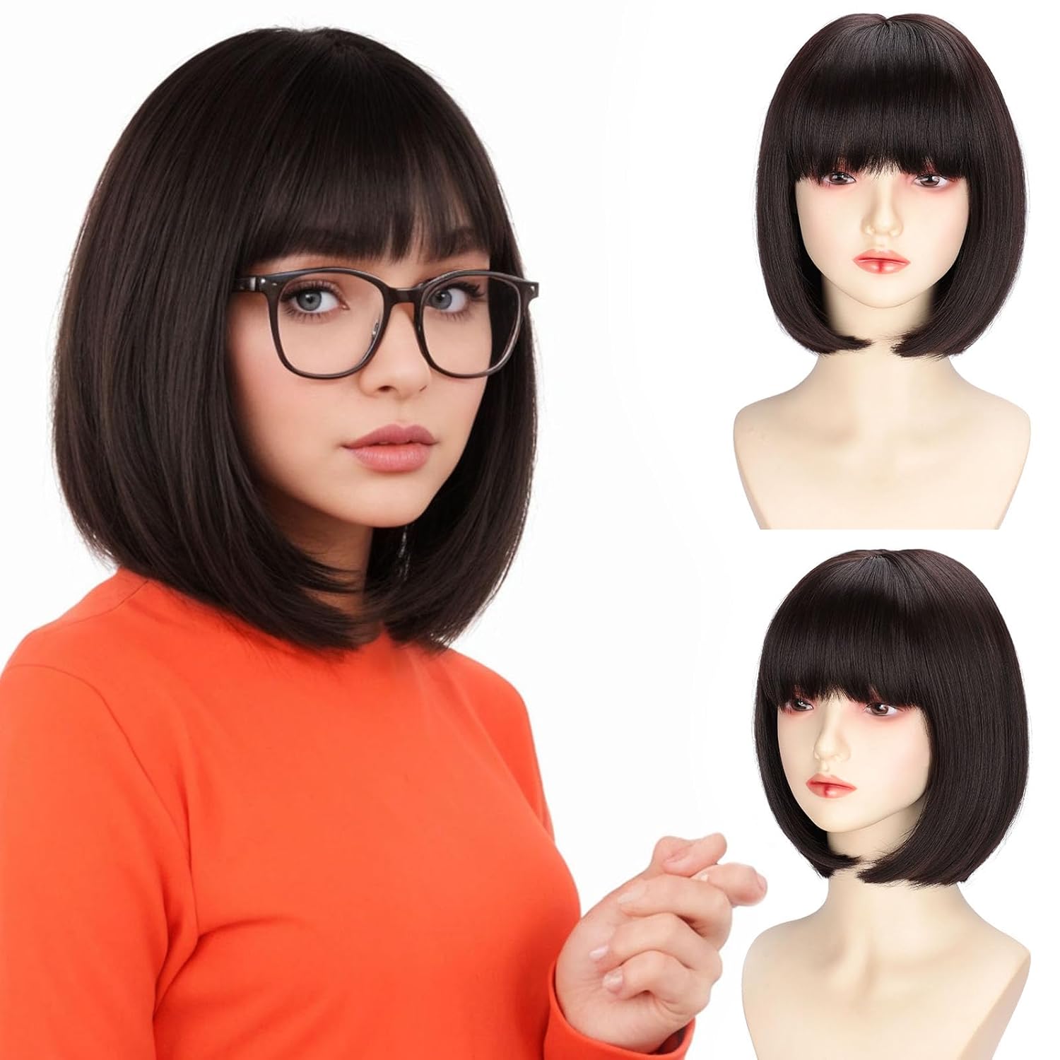 Short Brown Bob Wig for Women Halloween Cosplay Costume Straight Brown Bob Wigs with Bangs for Daily Party Costume Brown 4#