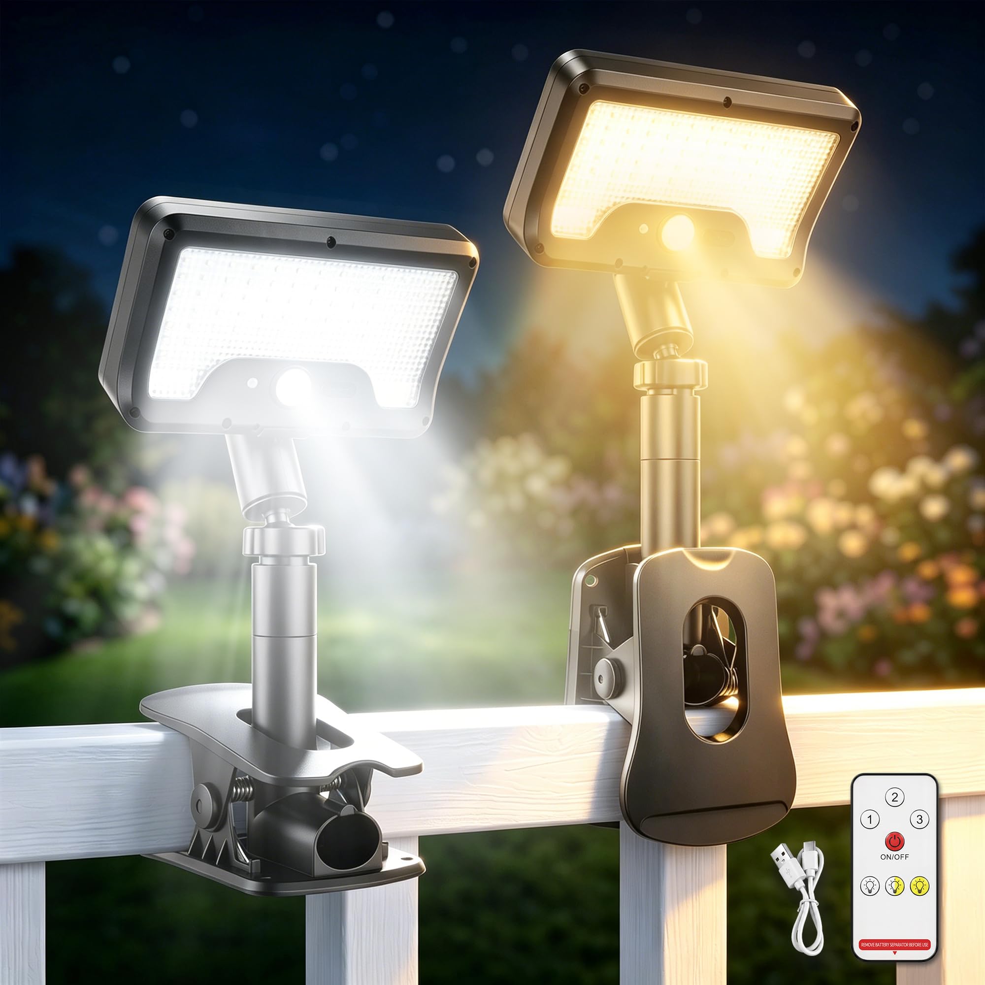 Lampade solari a clip per recinzione con sensore di movimento, applique da esterno, 2 pezzi | Ricarica solare e USB-C, 3 colori, con telecomando, IP65, rotazione 360° e inclinazione verticale 45°