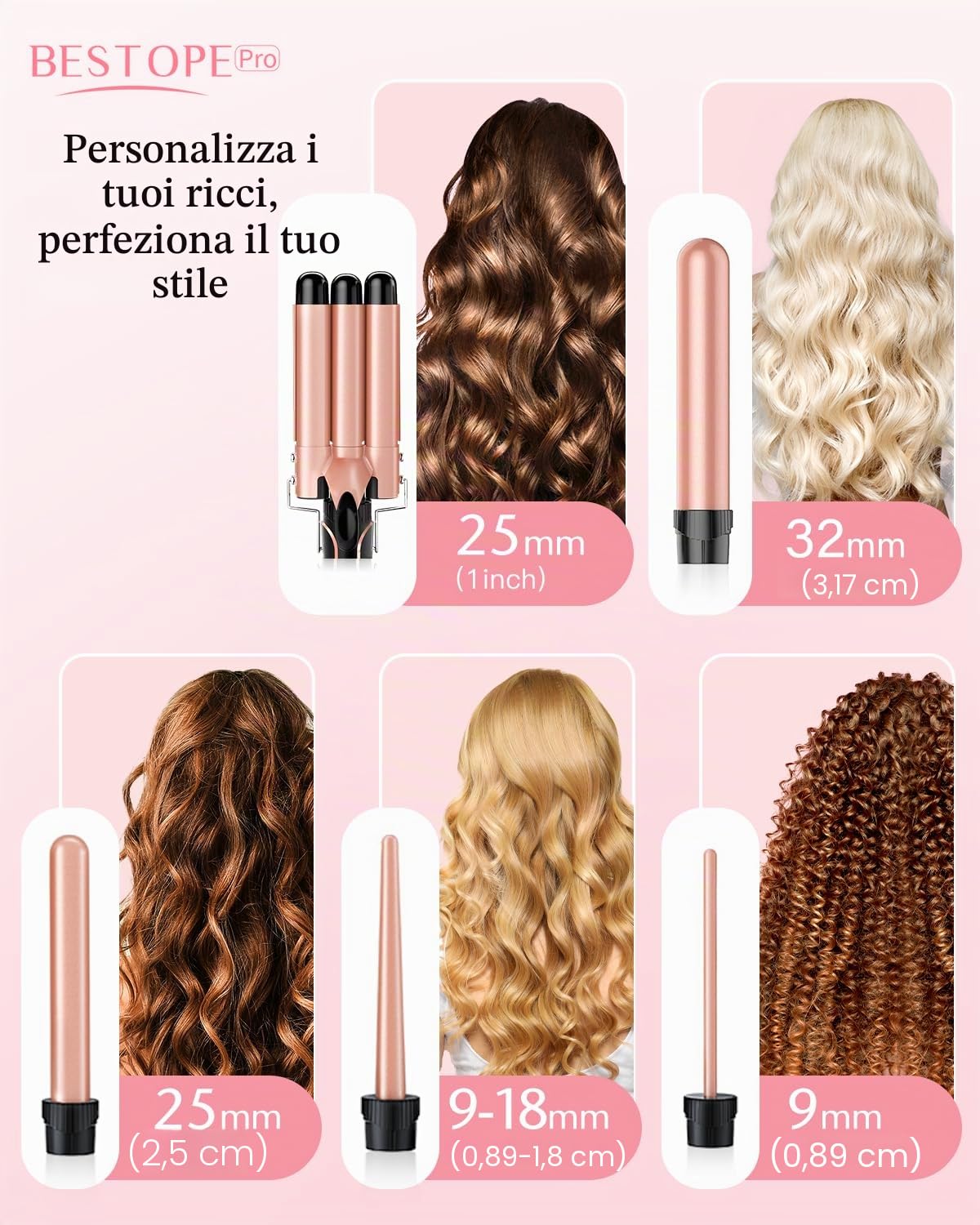 BESTOPE PRO Set Ferro Onda 5 in 1 - Include 3 cilindri in ceramica per creare grandi onde, inclusa regolazione della temperatura, riscaldamento rapido e guanto, 2 clip, oro rosa