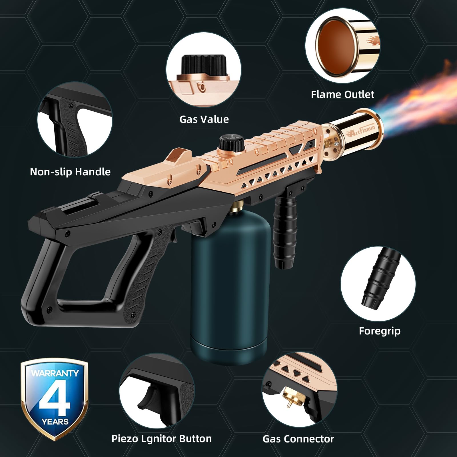 ARTFLAMM Pistolet lance-flammes – Briquet de cuisson au propane – Lance-flammes réglable – Torche puissante pour barbecue, feu de camp, bois de charbon, mauvaises herbes (réservoir non inclus)