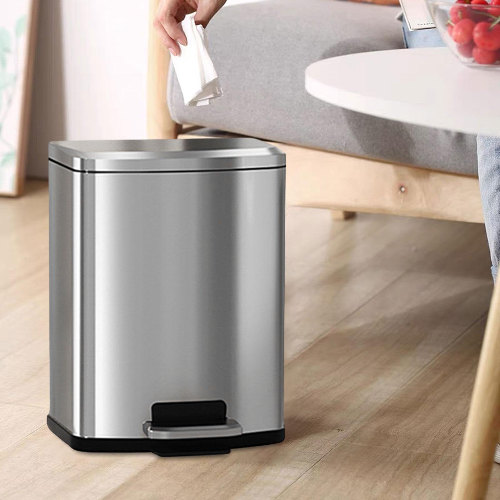 Papelera de Pedal para Basura Fabricada en Acero Inoxidable con de Cierre Silencioso Y Cubeta Desmontable Fácil de Limpiar Adecuada para Estud, Plata, Individual