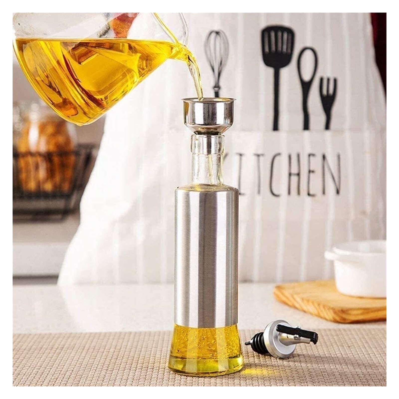 Dispenser per Olio e aceto, dosatore per Olio in Vetro per Uso Alimentare in Acciaio Inossidabile a Prova di perdite, dosatore per Olio (300 ml x 3) Bottiglie(