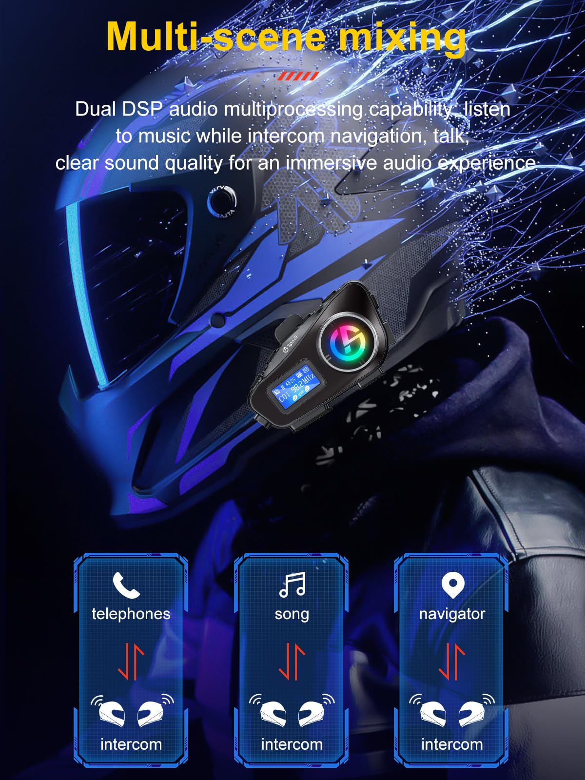 C1 Interfono Bluetooth per Casco Moto, Interfono Moto 500m con Condivisione Musica, Radio FM, Slot Micro SD, Batteria 1000mAh - Compatibile con Diversi Tipi di Casco