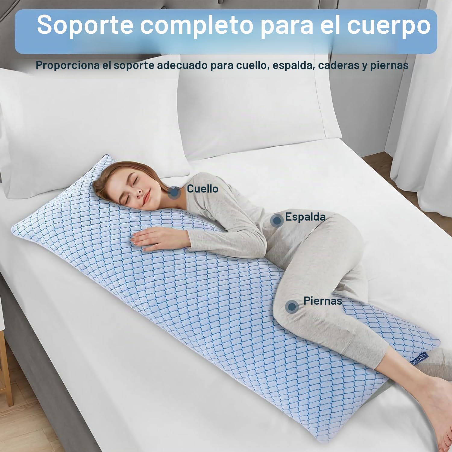 Almohada corporal para adultos - Almohada larga para dormir - espuma viscoelástica triturada y funda refrescante con cremallera almohada de cama para dormir de lado, 136 x 51 cm
