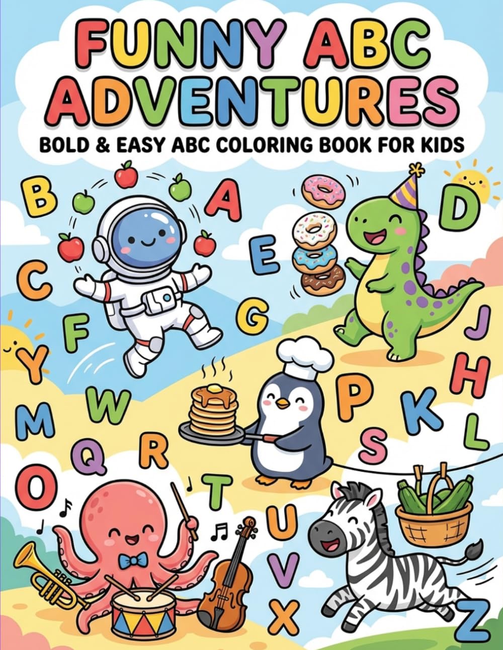 Funny ABC Adventures in a Whimsical World: Bold and Easy Kawaii Coloring Book for Kids