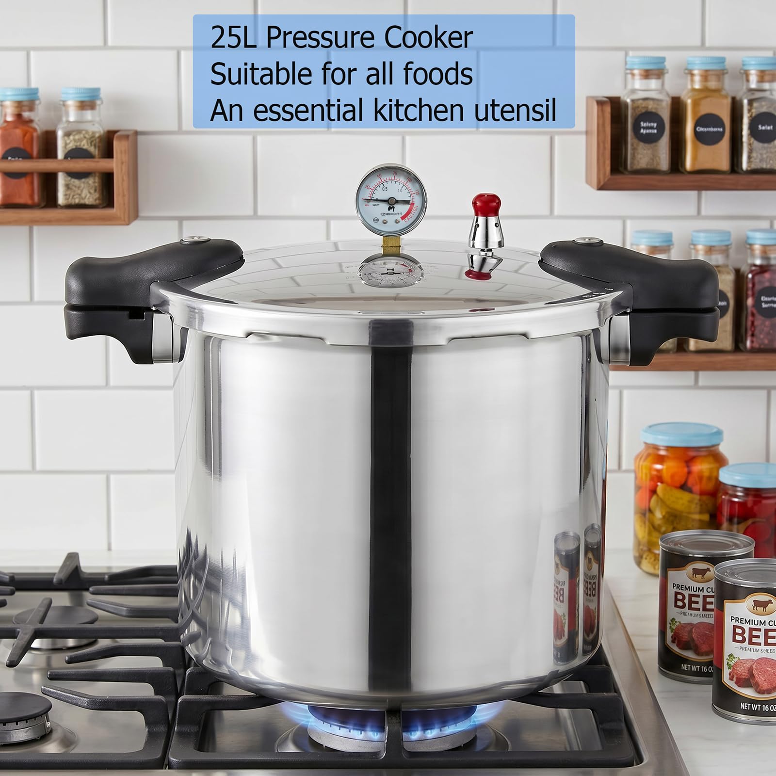 25 liter pressure cooker & Pressure Canner Cooker | induction compatible | Pressure gauge and pressure regulator | Aluminum and stainless steel | 13 Psi (+/- 5%) pressure release
