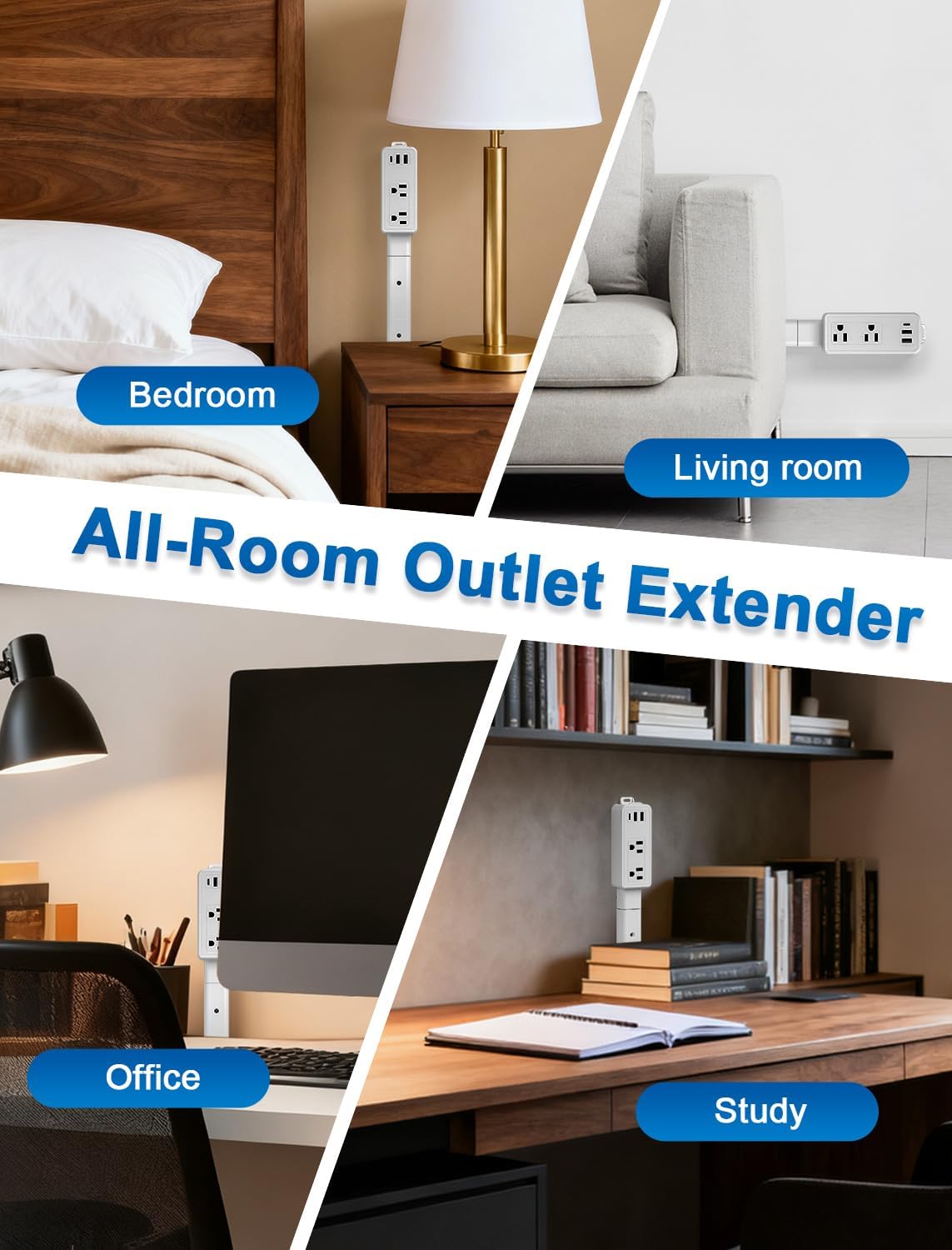 Electrical Outlet Extender Stick, Upgraded 4-Way Free Combination Plug Extender (6"-34") with USB-A & USB-C, 2 AC Outlets, Wall Outlet Extender for Hard-to-Reach Spaces (Light Gray)