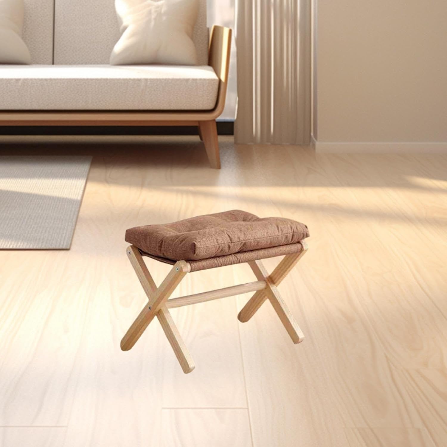 Wood, Seat Chair Minimalism Folding Stool Pegonized Restraint for The Sofa Living Room, Brown