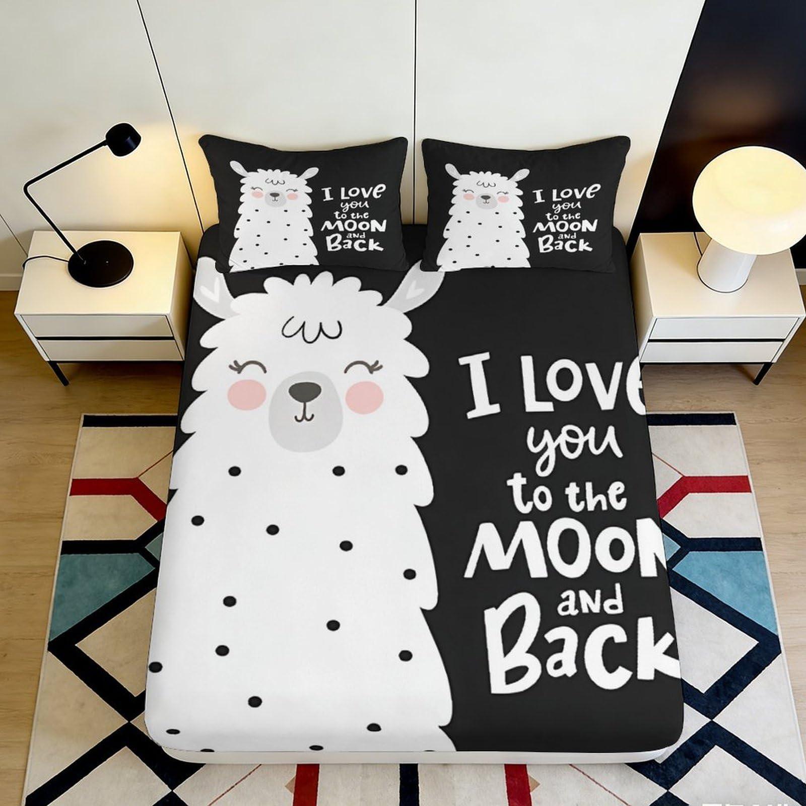 3D Printed Cute Alpaca Fitted Sheet Microfiber Soft Black White Cartoon Bed Cover for Bedroom Guest Room Dorm Protection Decor 90x200x25cm