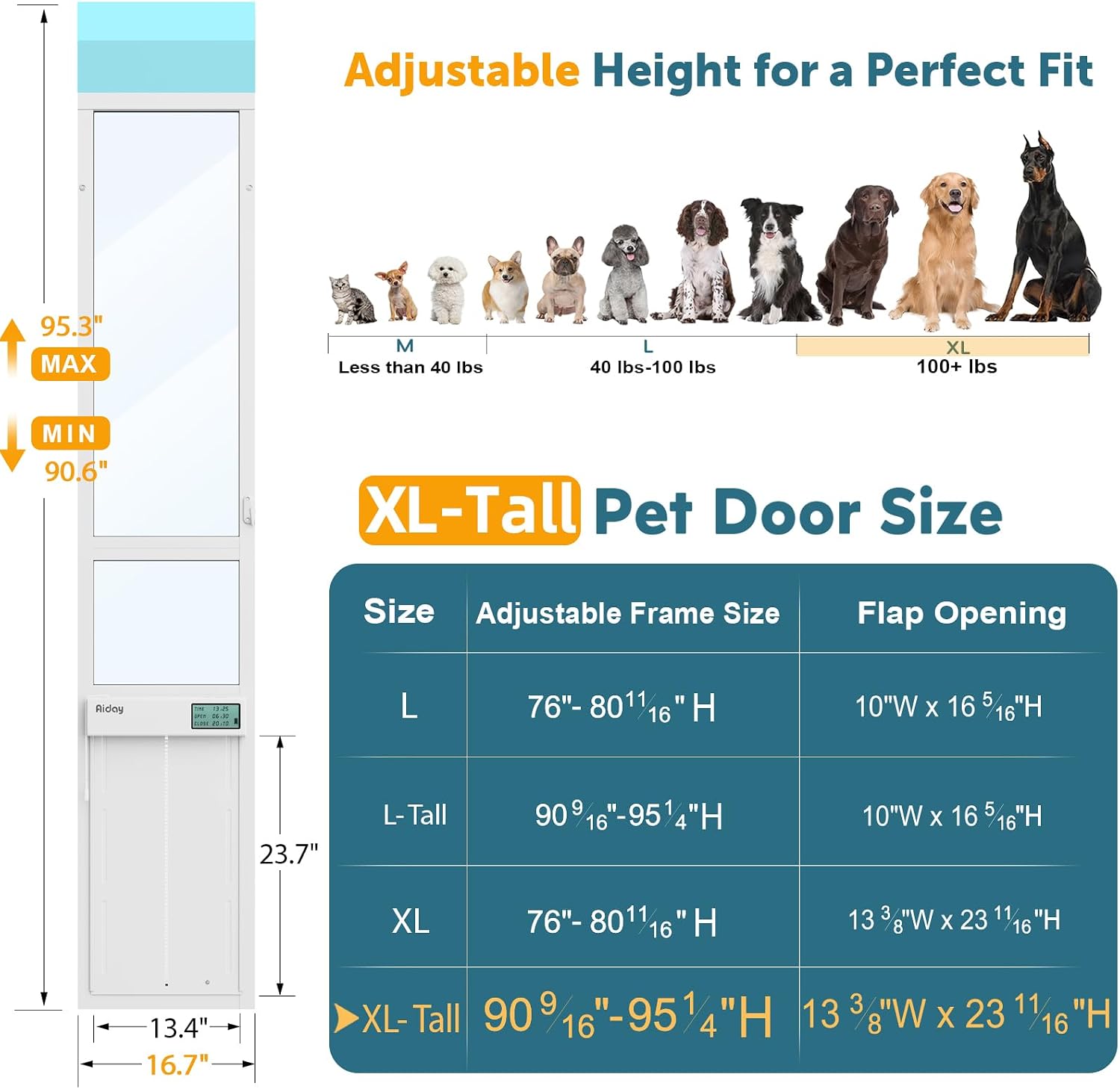 Automatic Sliding Glass Dog Door with Collar Sensor, X-Large Electric Doggy Door for Sliding Glass Doors, Adjustable 90-9/16" to 95-1/4" Slider Height, Anti-Pinch, Fits Dog Up to 220 Lbs