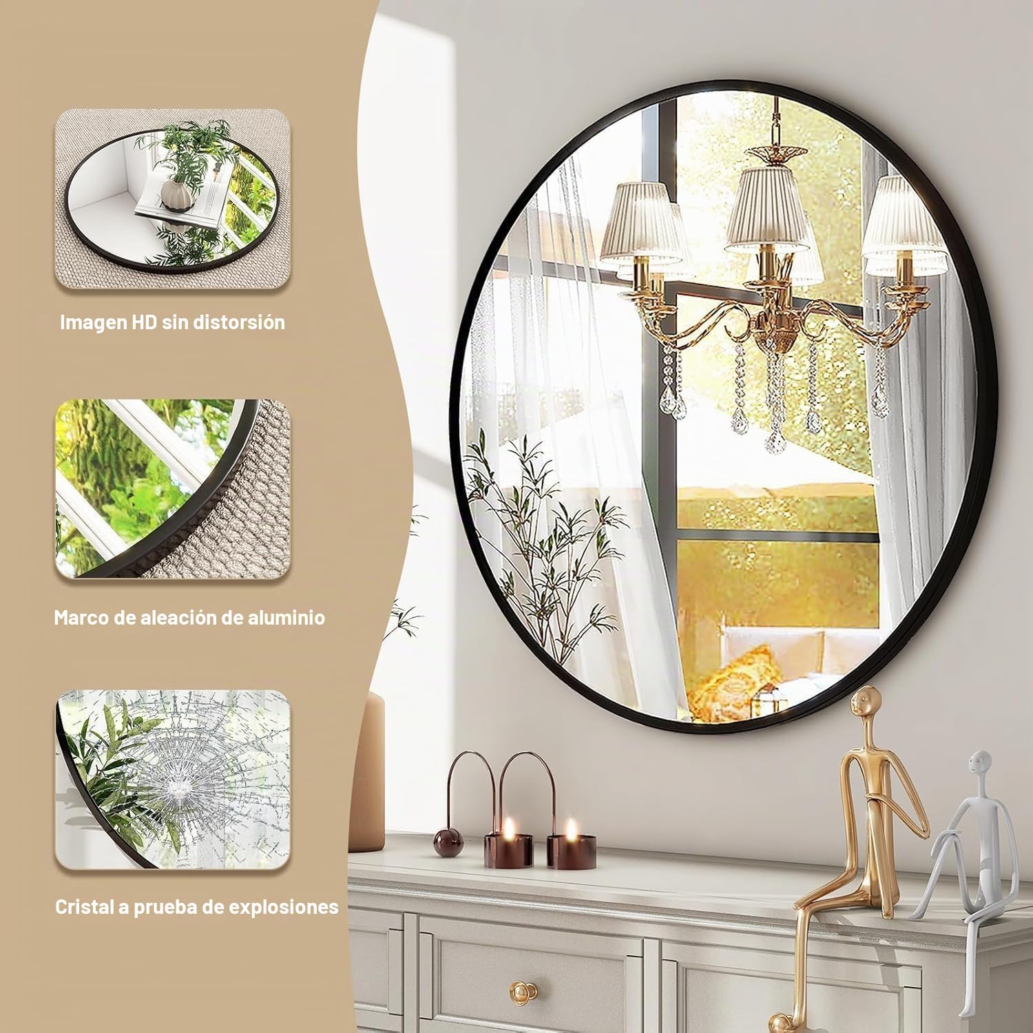 Espejo Redondo 70 cm, Espejos Decorativos de Pared con Marco de Aluminio, Espejos de Pared para Colgar, Espejo Decorativo Pared para Baño, Salón, Dormitorio y Recibidor