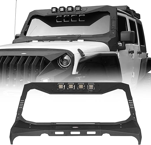 Hooke Road Mad Max Windshield Frame Cover Roof Sun Visor Cowl Body Armor for 2007-2018 Jeep Wrangler JK & Unlimited Include 4 LED Light Pods