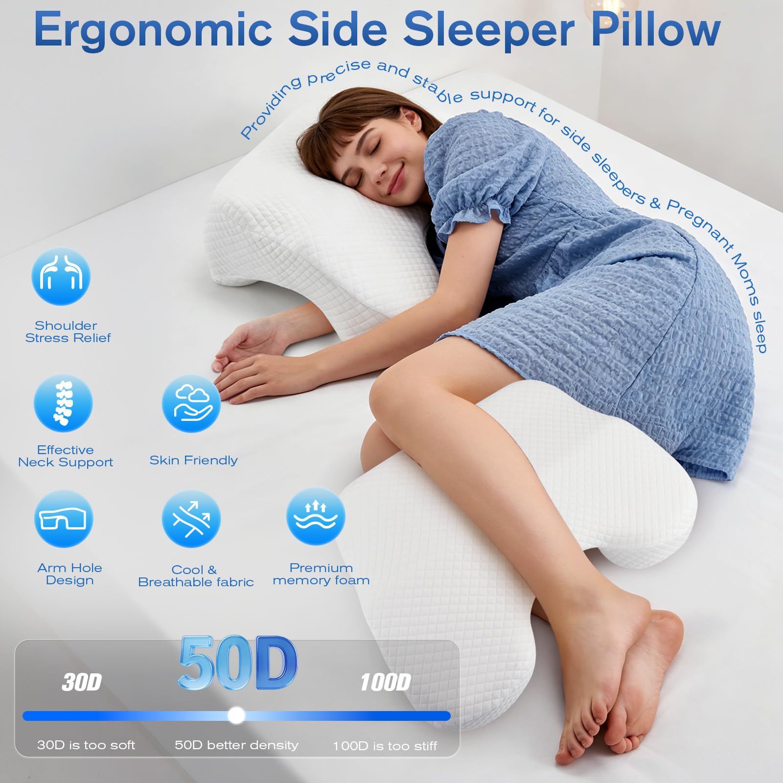 Oreiller Ergonomique Cervical pour Dormeurs sur le Côté, le Dos, Oreiller de Positionnement Latéral avec Trou, Coussin Memoire Forme pour Cou et Épaules, Oreiller Memoire Forme Coussin de Lecture