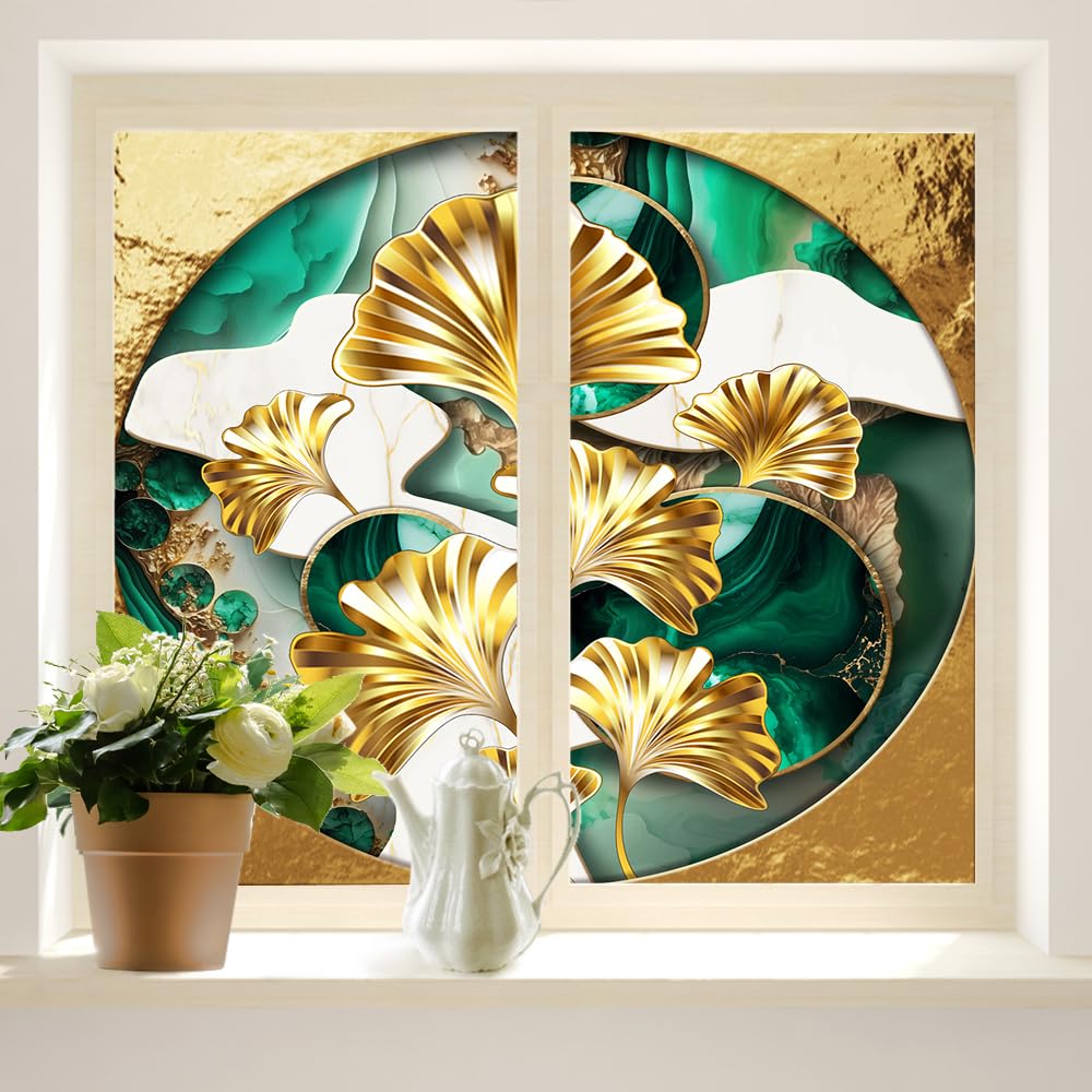 Brebasf Abstract Modern Ginkgo Leaves Easy Installation Window Film Rustic Aesthetic Art Watercolor Marble Autumn Falling Leaves Window Decorative Film Window Stickers-23.6W x78.7L in x2Pcs
