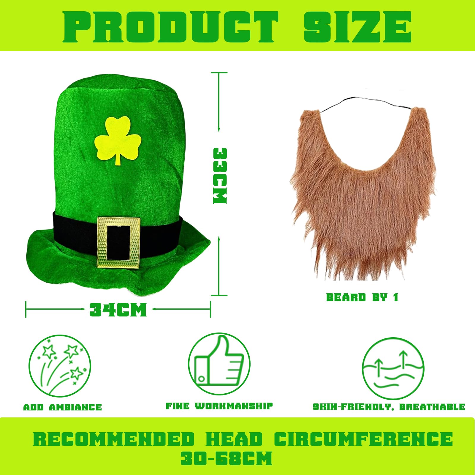 St. Patrick's Day Hat with Ginger Beard for Adult,Deluxe Green Shamrock Leprechaun Top Hats St Patrick's Day Accessories Irish Fancy Dress Costume Headwear Accessory Paddy's Day Hat for Men Women - Image 2