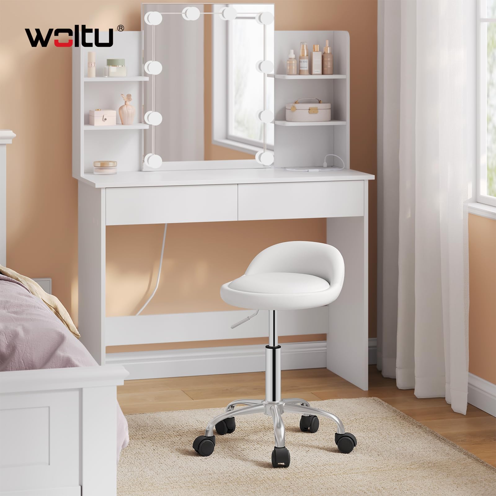 WOLTU Silla de Tocador, Taburete Giratorio con Respaldo Bajo, Altura Regulable (43-54,5 cm), Funda de Cuero Sintético, Estructura Metálica, Blanco