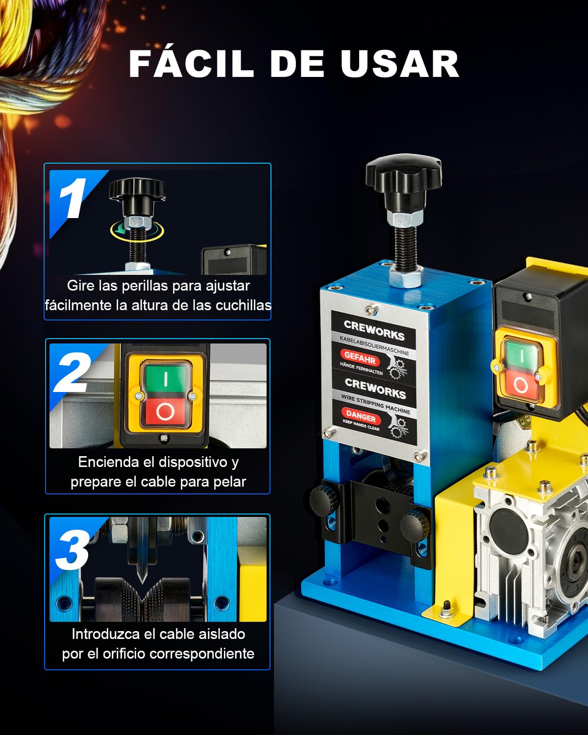 CREWORKS Máquina de Pelacable Electrica 180W 1,5mm-25mm Maquina de Pelar Cables Automática con 5 Canales para Reciclaje de Cobre