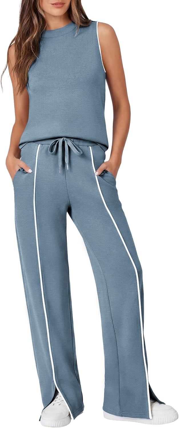 Casly Lamiit Women's 2 Piece Outfits Summer Casual Mock Neck Sleeveless Top Wide Leg Pant Sets Front Slits Travel Sweatsuit