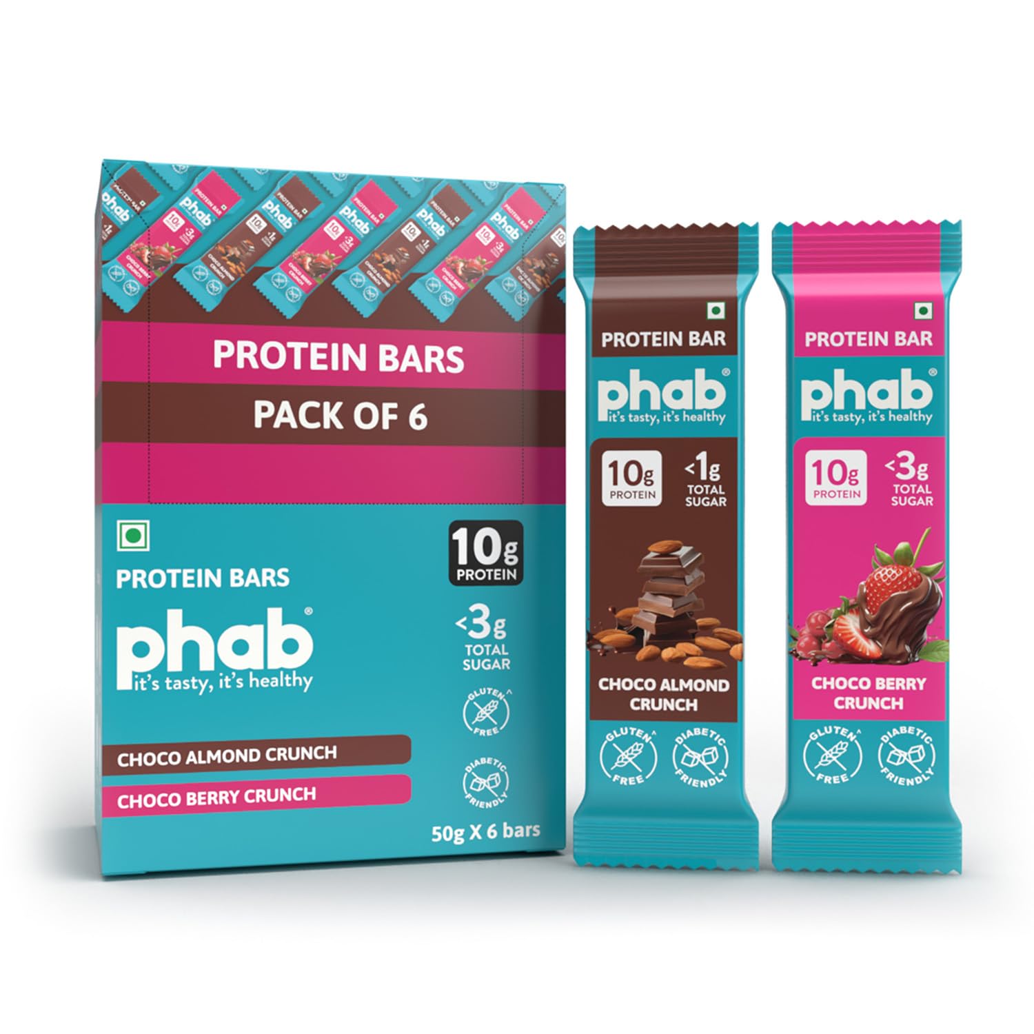 10 G Choco Crunch Protein Bars|(Pack Of 6 X 50 Gram)|14% Almonds|12% Berries (Cranberry & Strawberry)|Crunchy,Diabetic Friendly,High Fibre,Trans