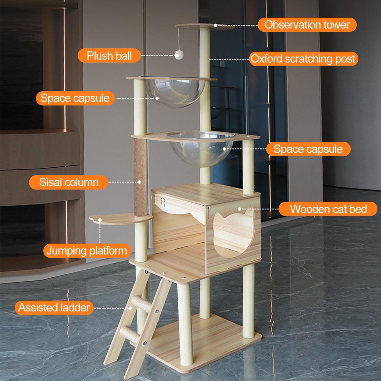 Mobili Gatti, Torre per Gatti con Capsula Spaziale, Tiragraffi, Cuccia Più Livelli, Pompon, Tiragraffi, Giocattoli Interno(40x40x130cm-T7)
