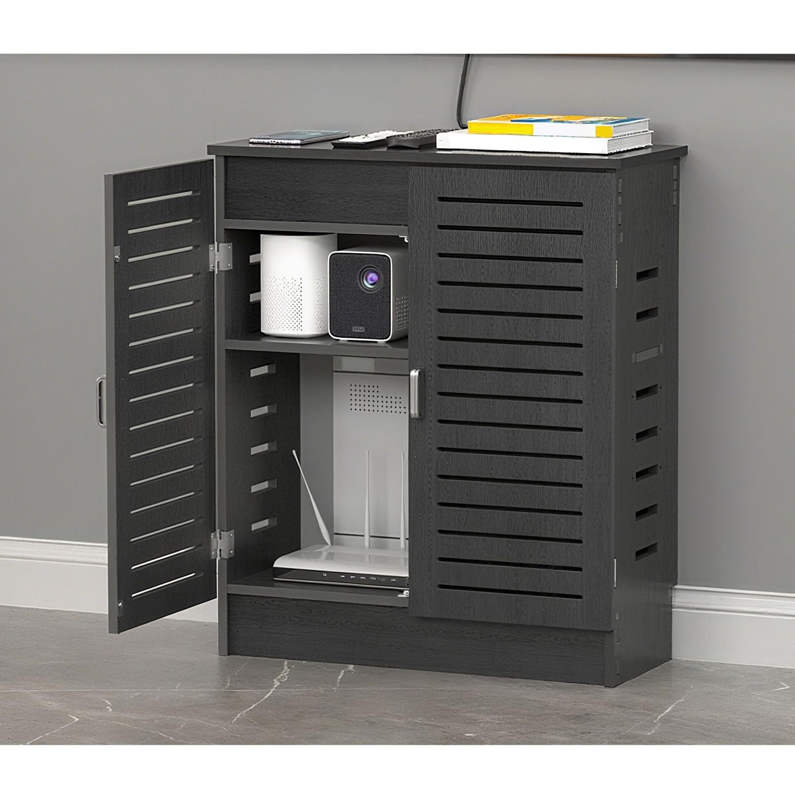 Caja de almacenamiento para router que oculta cables en escritorios modernos