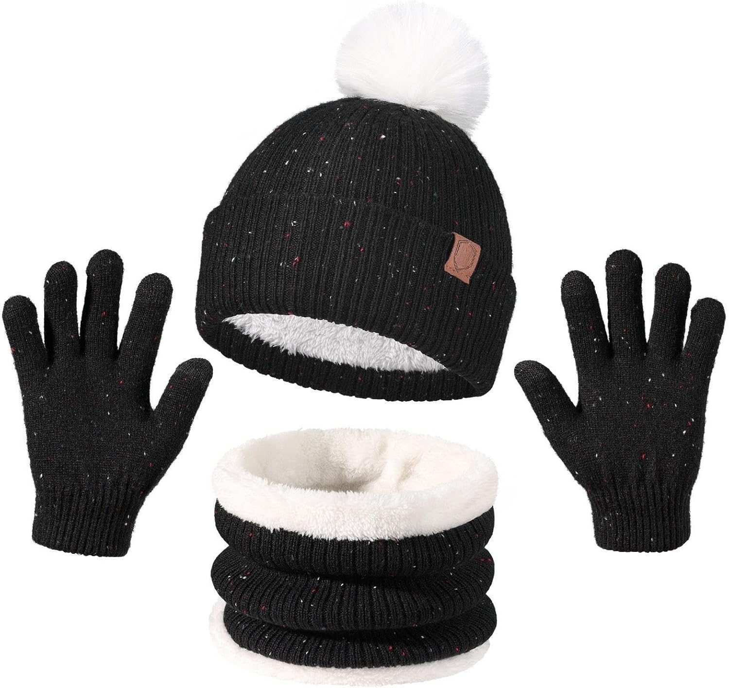 3Pcs Kids Winter Knit Hat Scarf Gloves Set Neck Warmer for 2-8 Years Old Boys Girls Kids Hat and Gloves Set(Black)