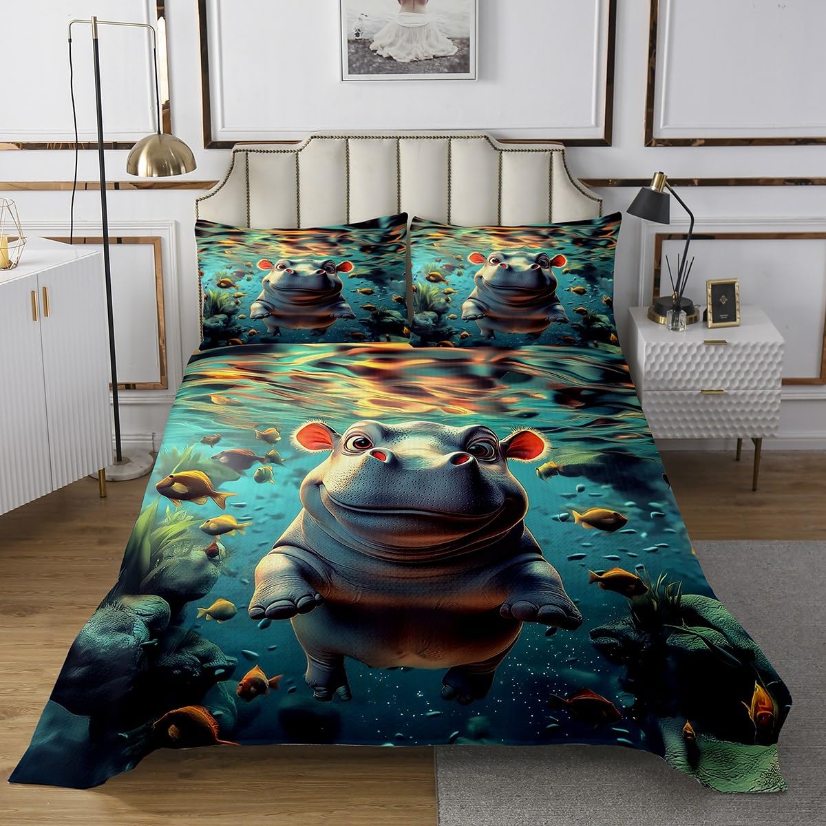 Cartoon Hippopotamus Kids Bedspread Twin Size,Diving Hippo Cute Wild Animal Coverlet Set,Boys Girls Room Decor,Tropical Fish Marine Life Quilted Coverlet,Blue Grey Bedding Quilt,1 Pillowcase