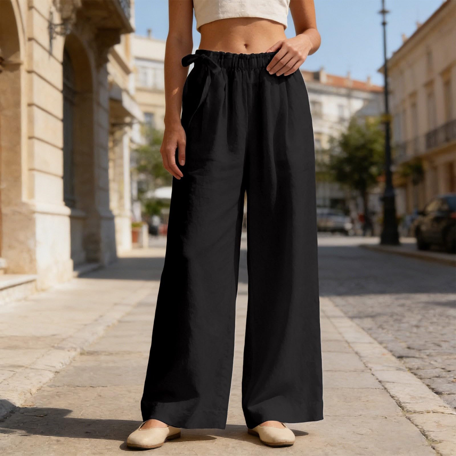 Pantalon Femme Coton et Lin Été Léger Fluide Ample Large Pantalons Chic et Elegant Décontractés de Plage Taille Haute Elastique Pantalons avec Poches Couleur Unie Pantalon Respirant Jogging Pants
