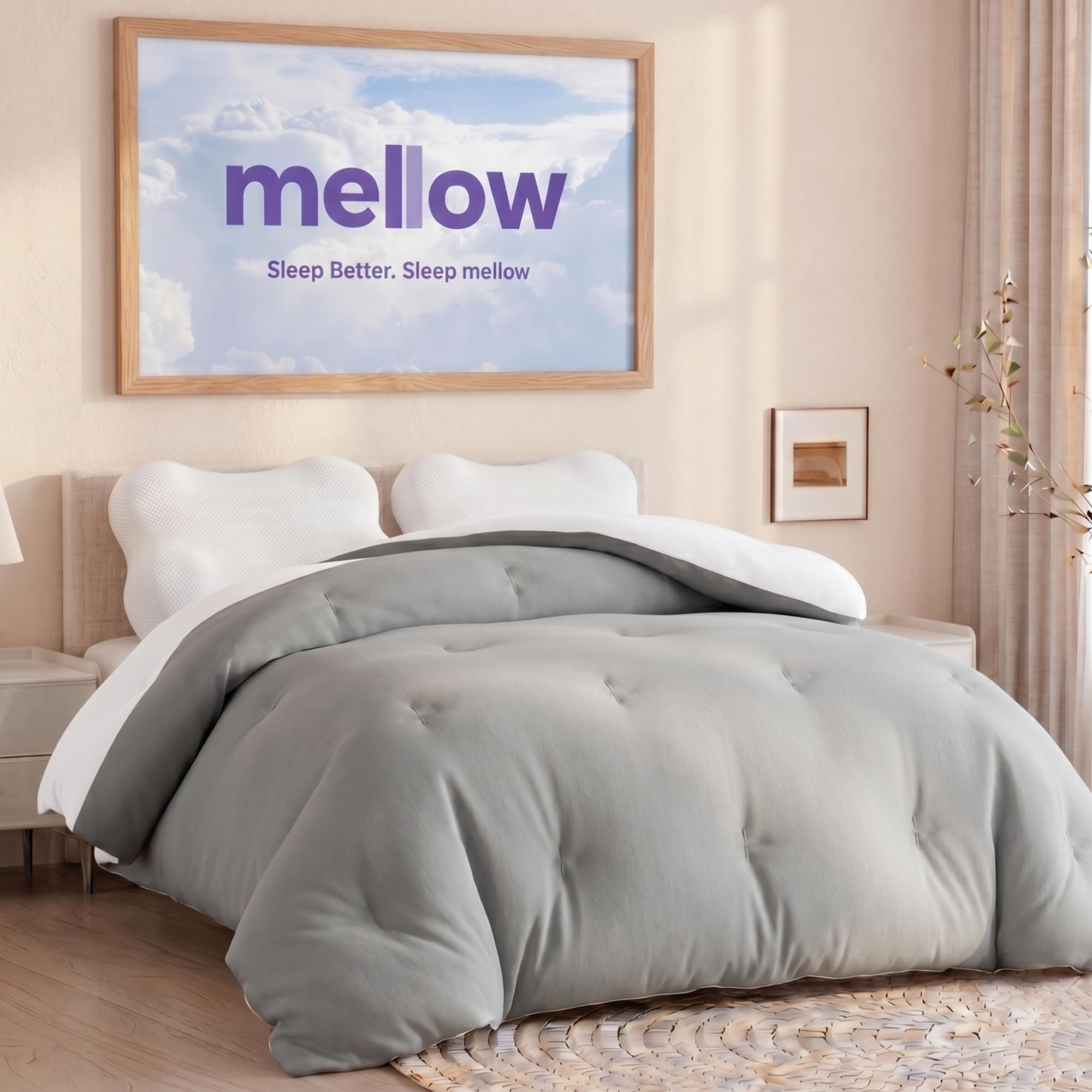 Mellow Marshmellow Comforter, Oeko-TEX Fabric (Gray, Twin/Twin XL) | Extra Fluffy Double-Stuffed Down Alternative Duvet Insert, All-Season Temperature Balancing, Box Stitch, Full / Queen)