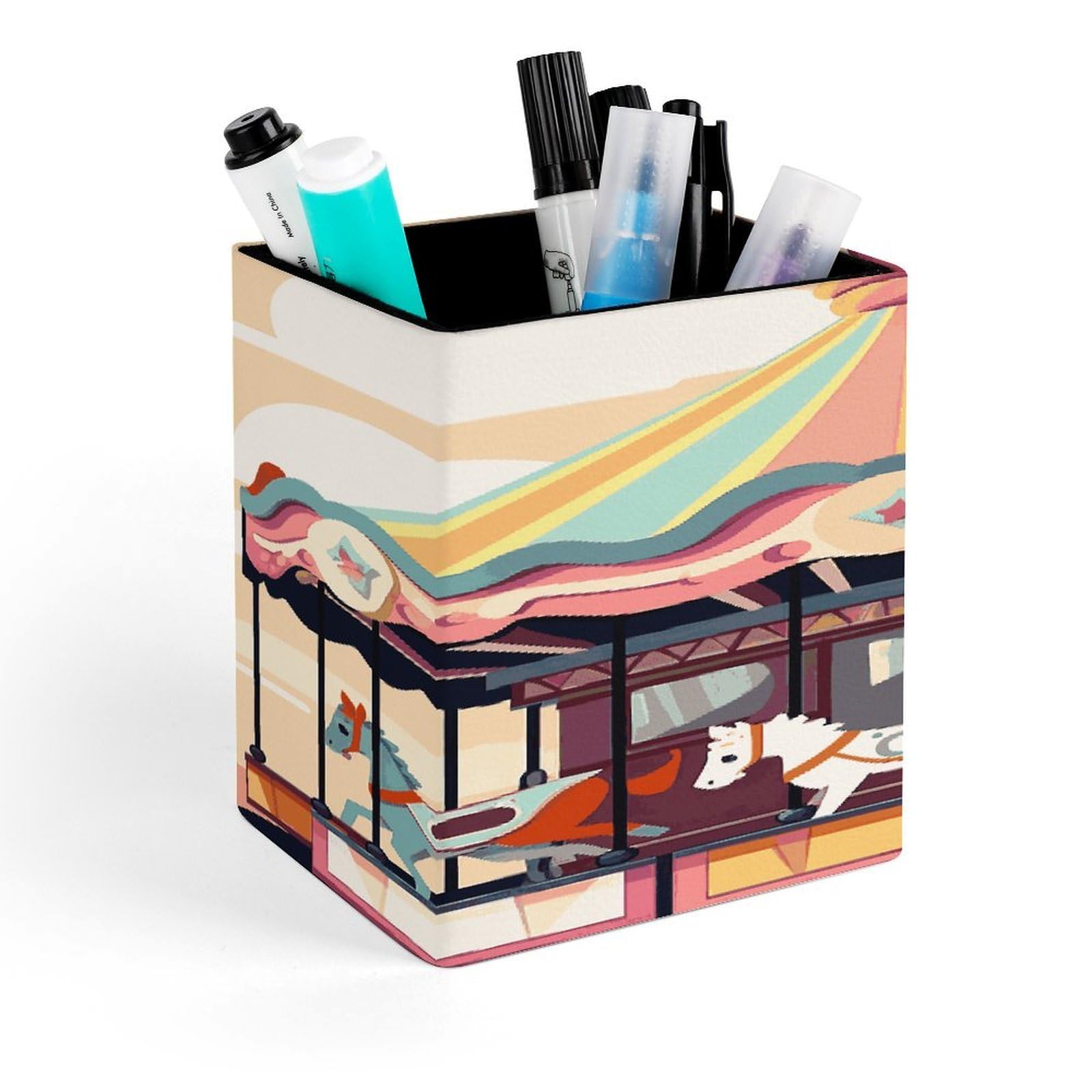 MUSM Carousel Pen Holder Square PU Leather Desktop Organizer And Makeup Brush Holder Storage Box Modern Design Stationery Organizer for Office Desk Accessory