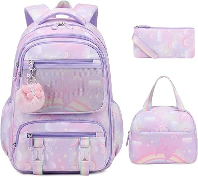 Scothen Backpack for Girls, Rainbow Butterfly Girls Backpacks with Lunch Bag Pencil Case Set, Kids Backpack Kindergarten Elementary Middle School Book Bag for Teen Girl Children Students