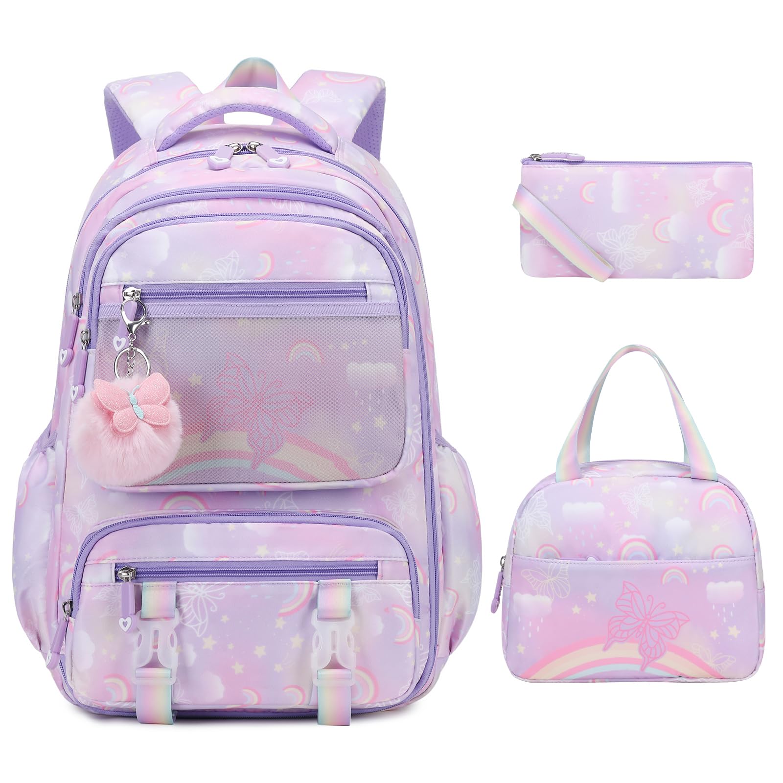 Scothen Backpack for Girls, Rainbow Butterfly Girls Backpacks with Lunch Bag Pencil Case Set, Kids Backpack Kindergarten Elementary Middle School Book