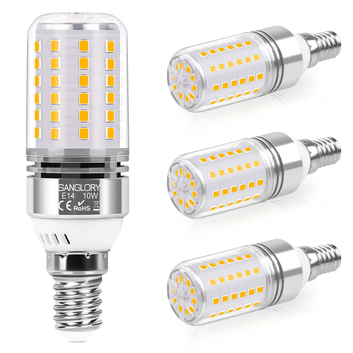 SanGlory Lampadine LED E14 Luce Calda 10W Lampada Led E14 Bianca Calda 2700K, Lampadina E14 Bianco Caldo Attacco Edison E14 LED, 1050LM, Equivalenti a 90W Incandescenza, Angolo 360°, Pacco da 4
