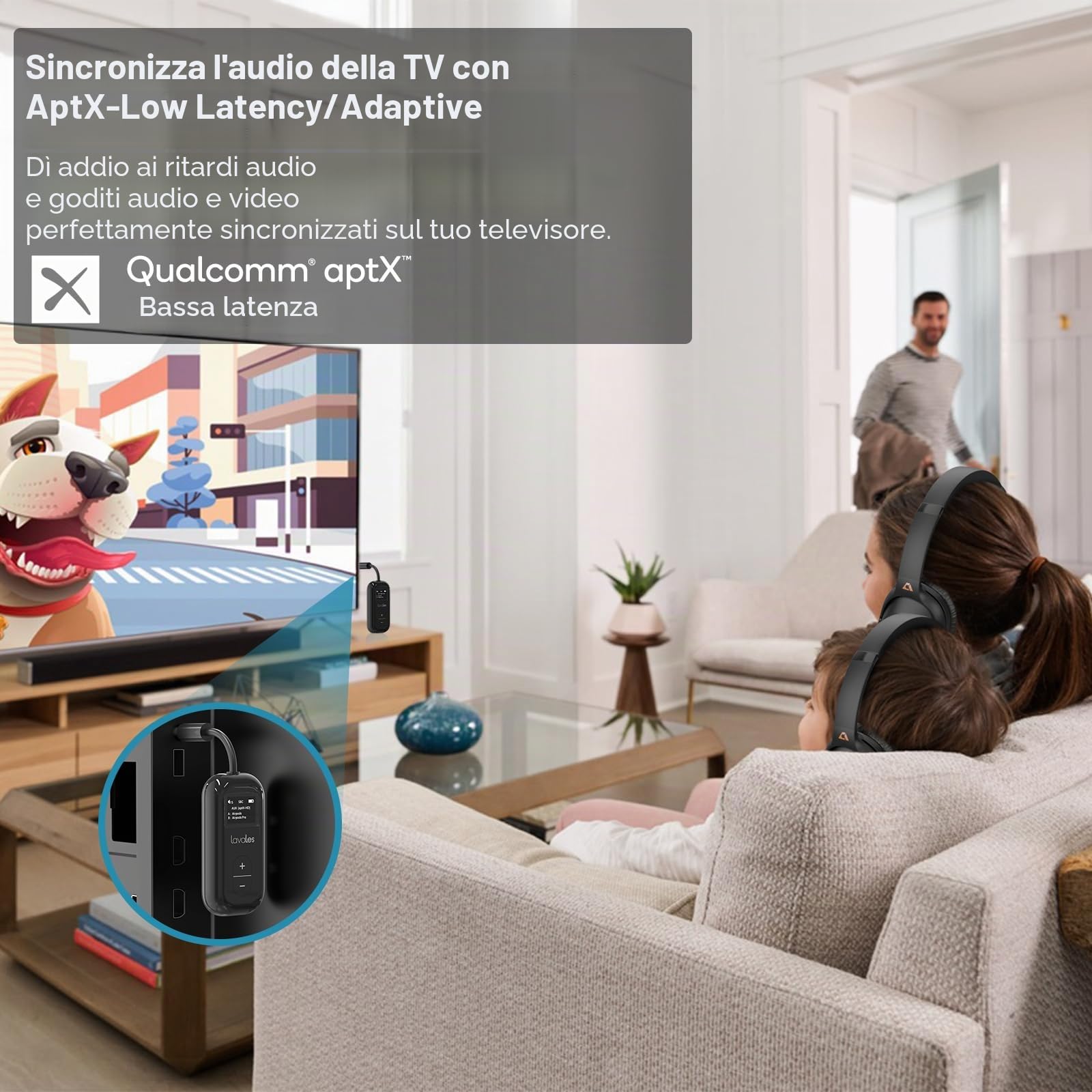 Trasmettitore Bluetooth 5.3 per Airpods/cuffie, adattatore aptX Low Latency/Adaptive, 25 ore di riproduzione, splitter audio AUX 3,5 mm