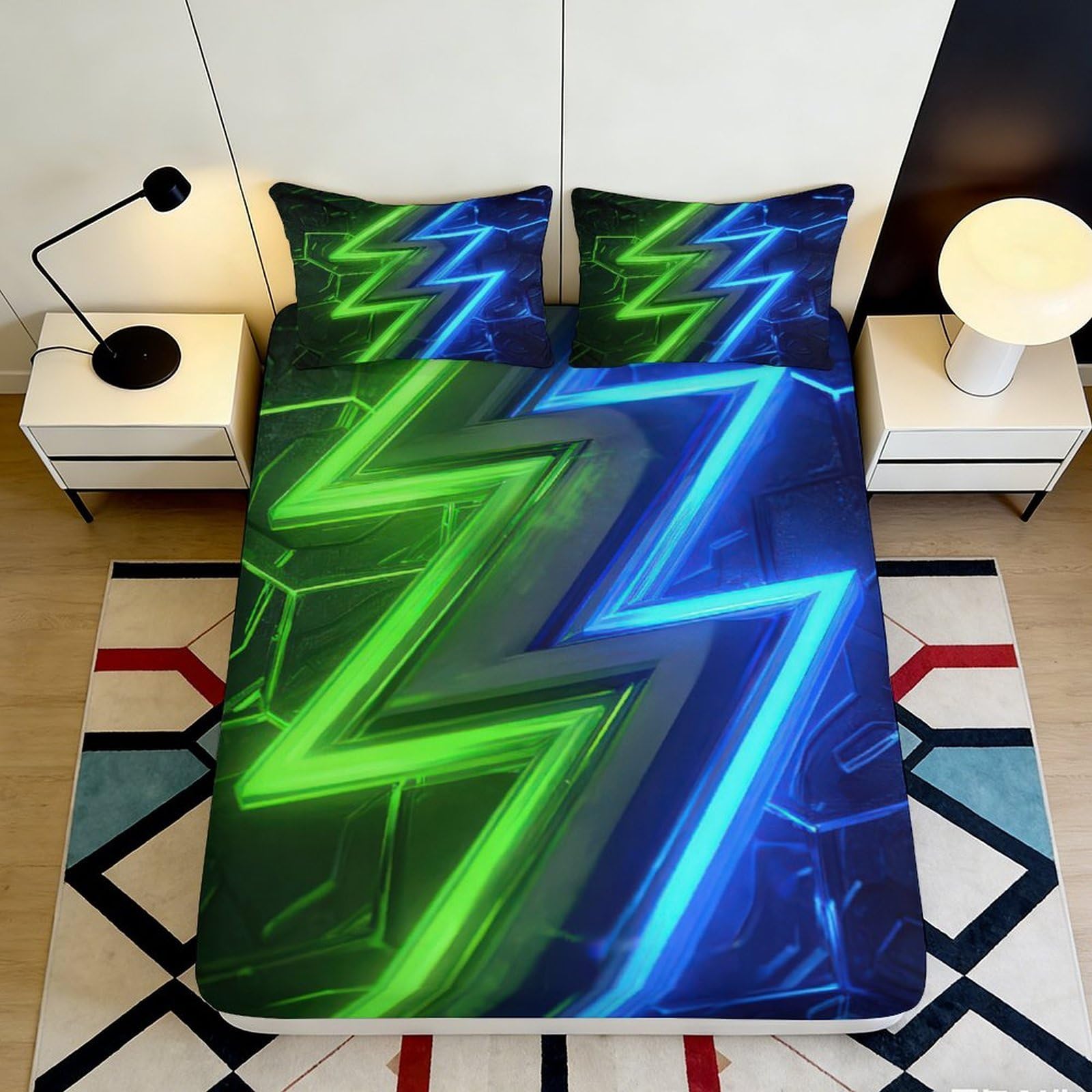 3D Printed Neon Lightning Fitted Sheet Microfiber Soft Durable Blue Green Bed Cover for Bedroom Dormitory Guest Room Mattress Protection Decor 180x200x25cm